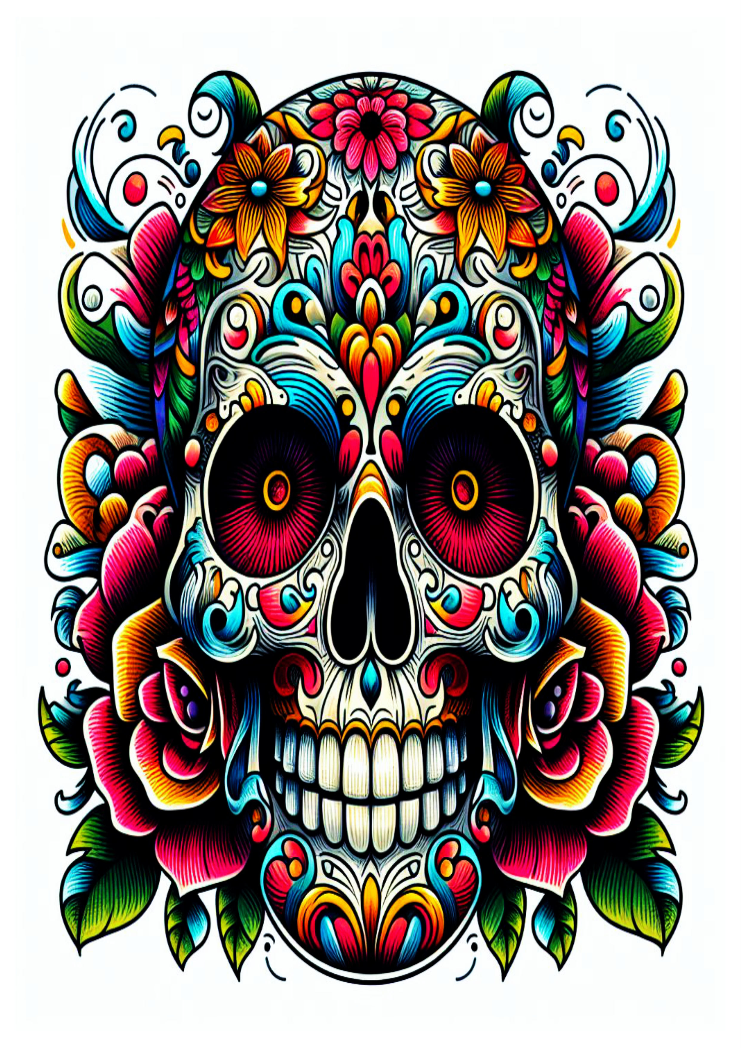 Tatuagem colorida para imprimir caveira desenho flores pack de imagens tatoo skull color free