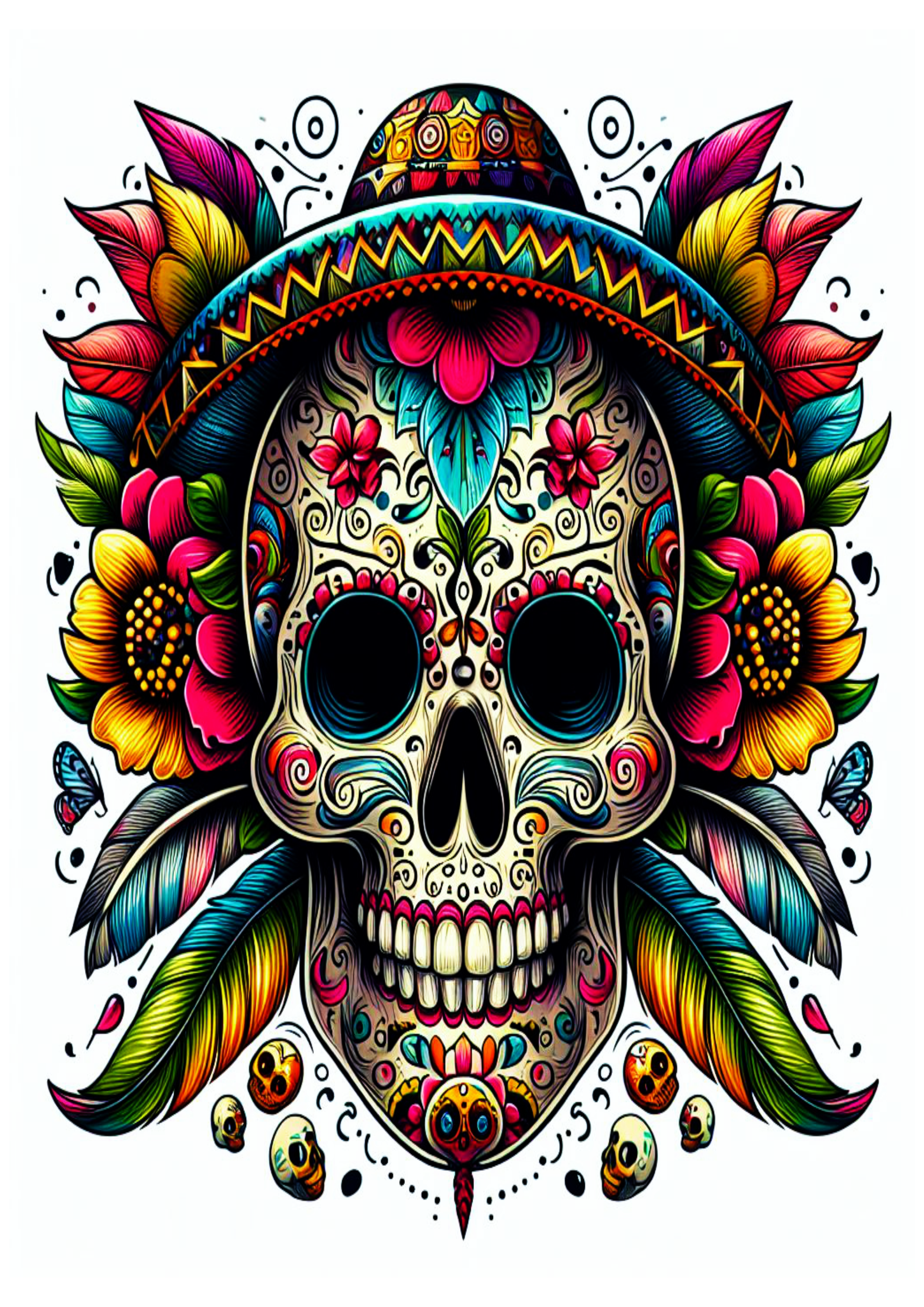 Desenho De Tatuagem Colorida Com Caveira de chapéu mexicano