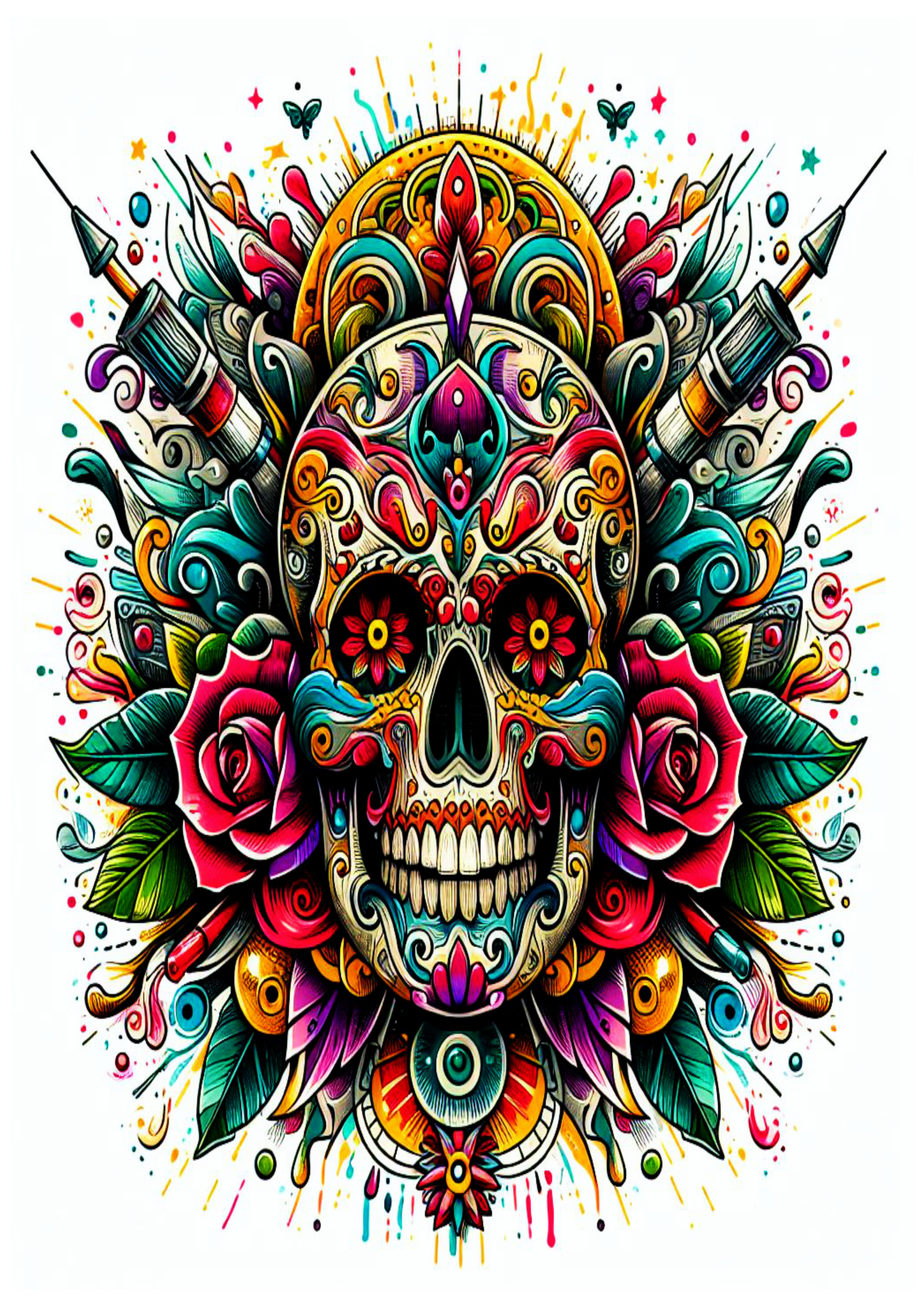 Desenho De Tatuagem Colorida Com Caveira de flores psicodélica