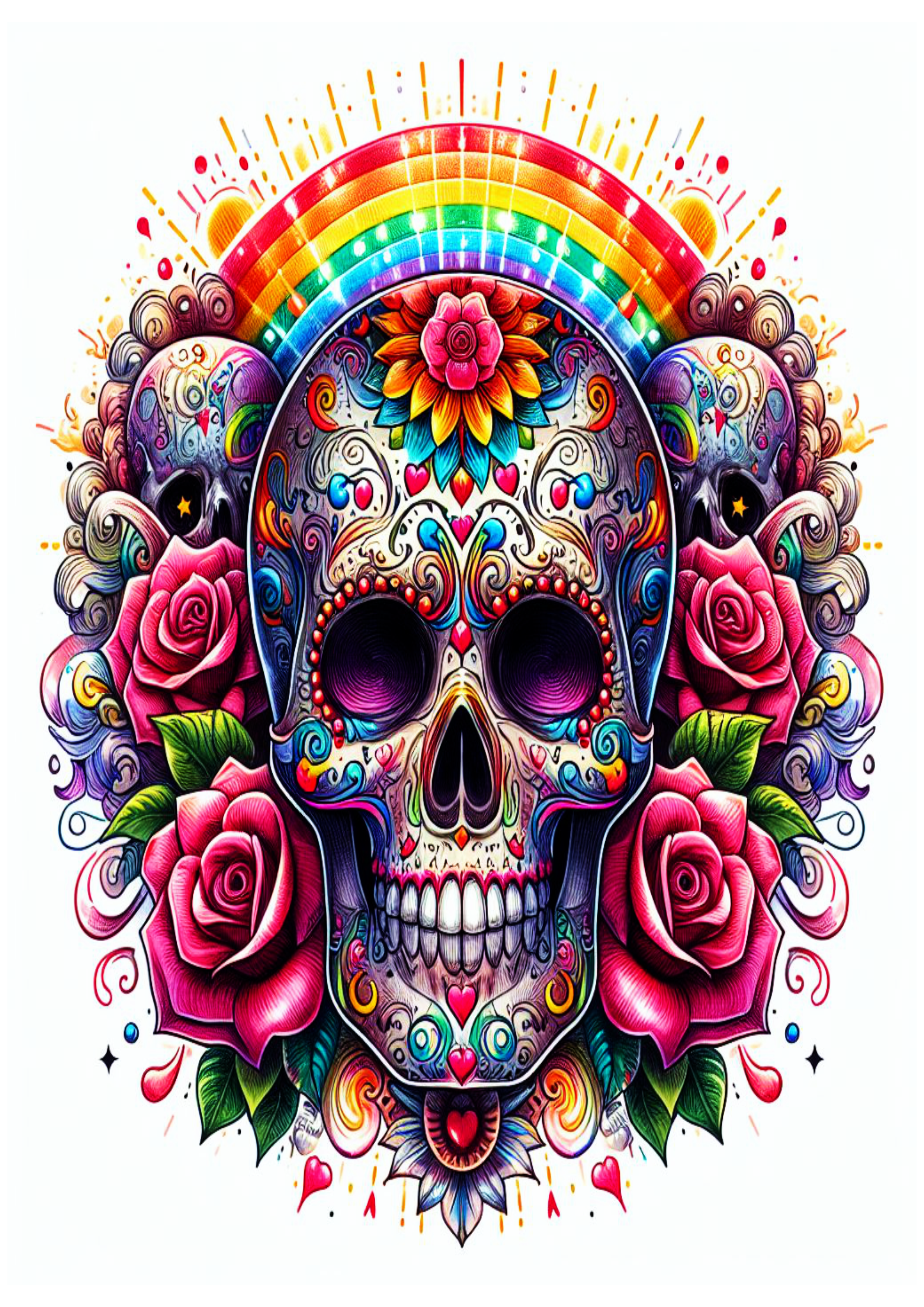 Desenho De Tatuagem Colorida Com Caveira de flores psicodélica arte conceitual arco-íris