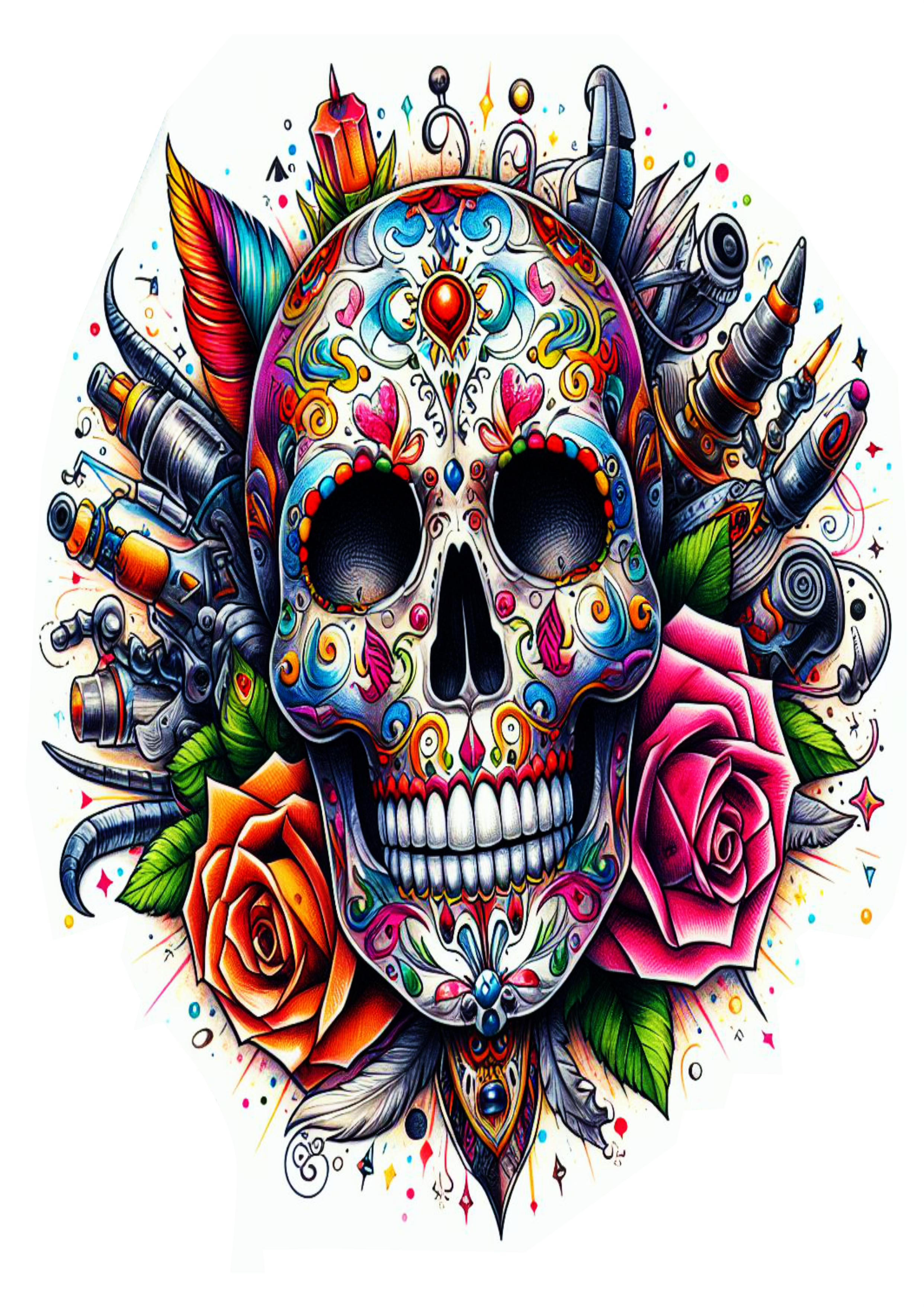 Desenho De Tatuagem Colorida Com Caveira de flores psicodélica arte conceitual Skull and flower