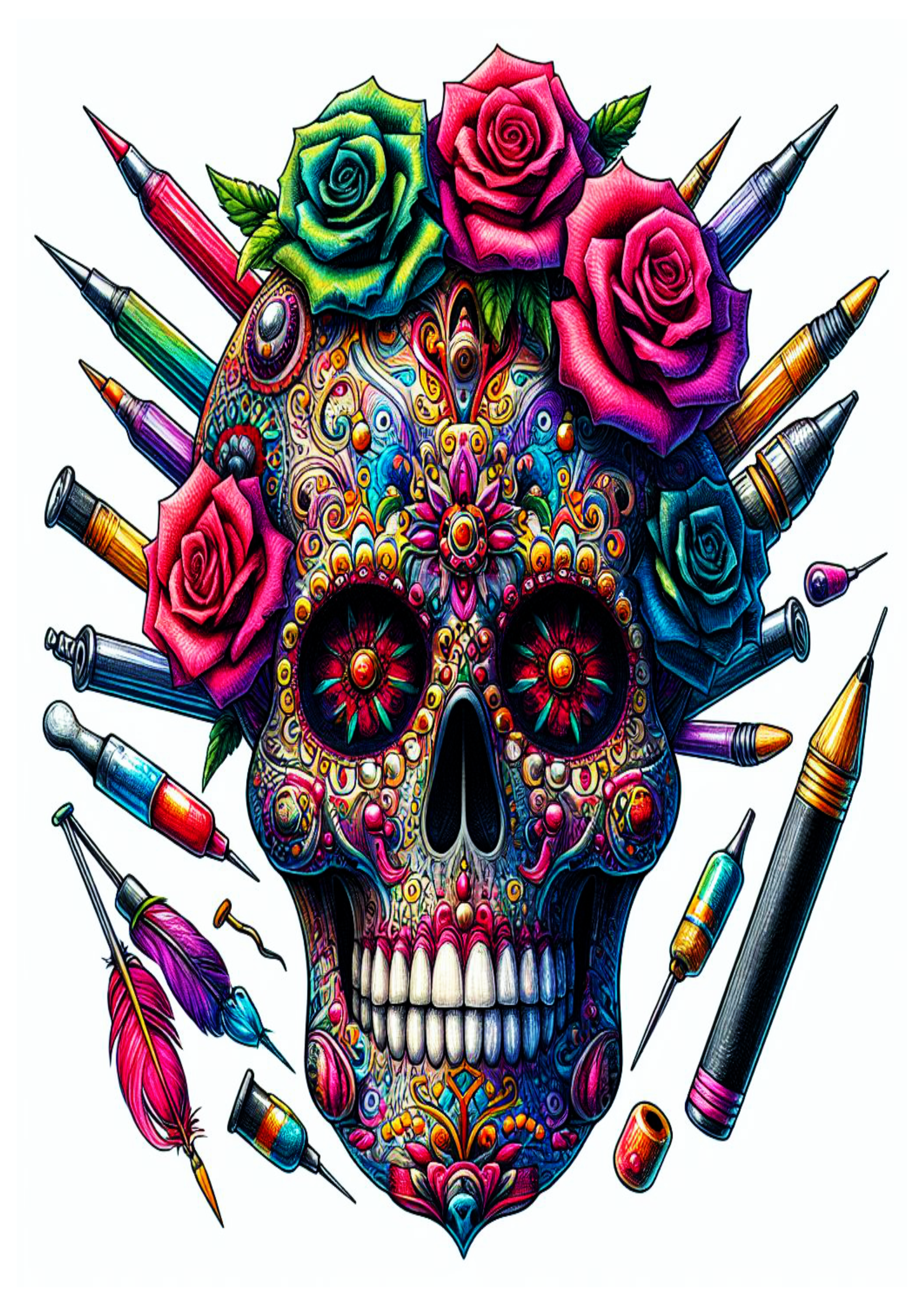 Desenho De Tatuagem Colorida Com Caveira de flores psicodélica arte conceitual Skull and flower desenho artístico