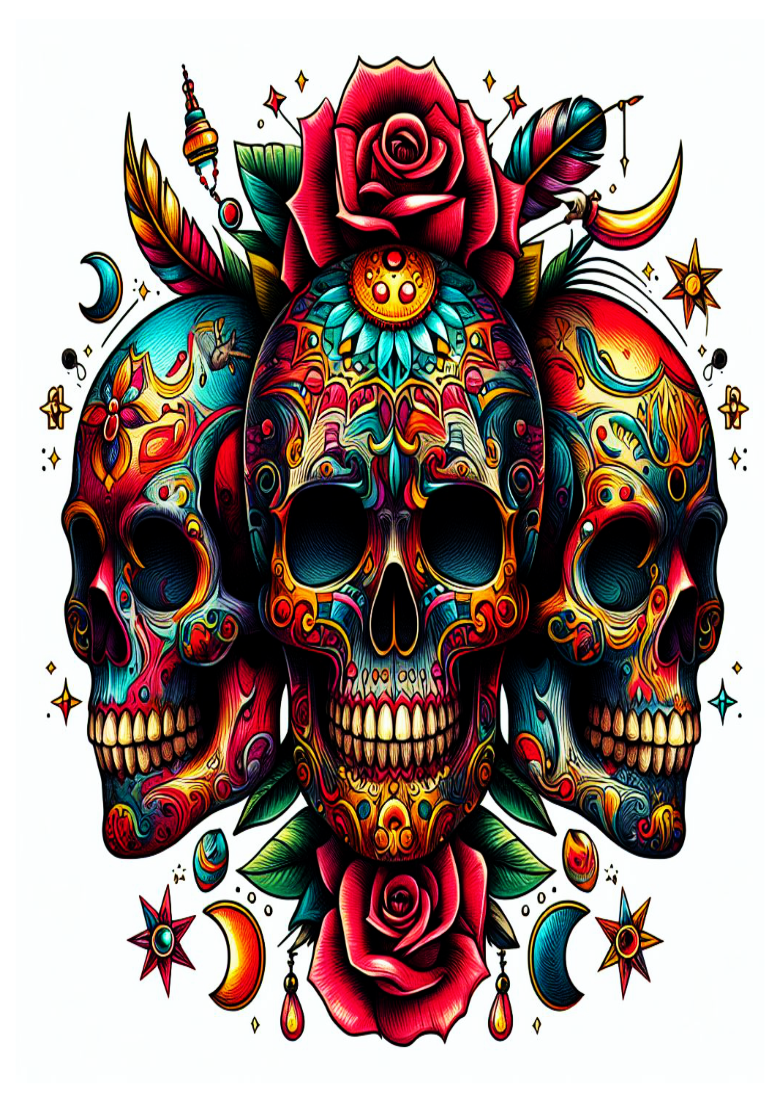 Desenho De Tatuagem Colorida Com Caveira de flores psicodélica arte conceitual Skull and flower desenho artístico download grátis 3 crânios