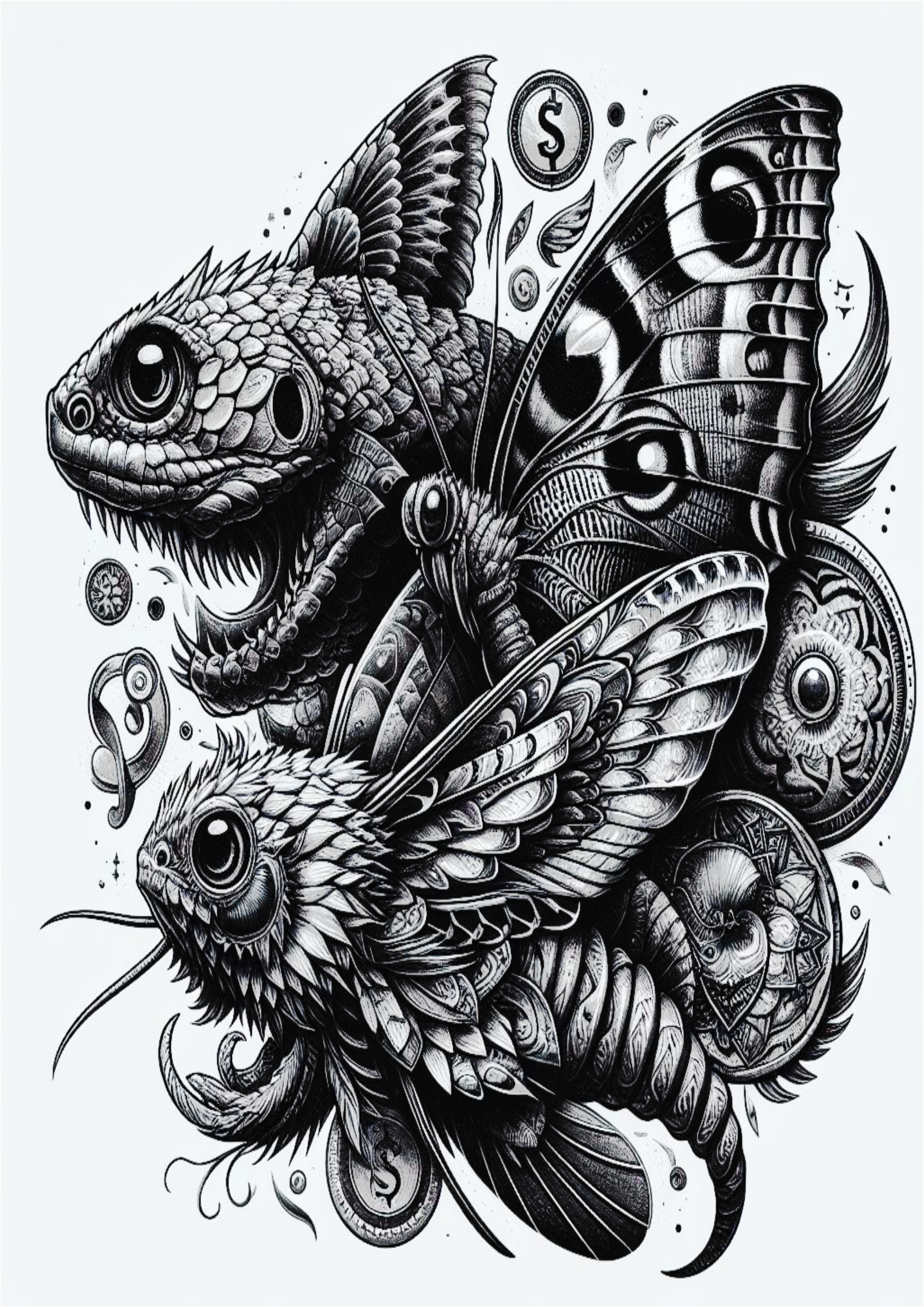 Tatuagem psicodélica animais realistas arte conceitual carpas e mariposas png
