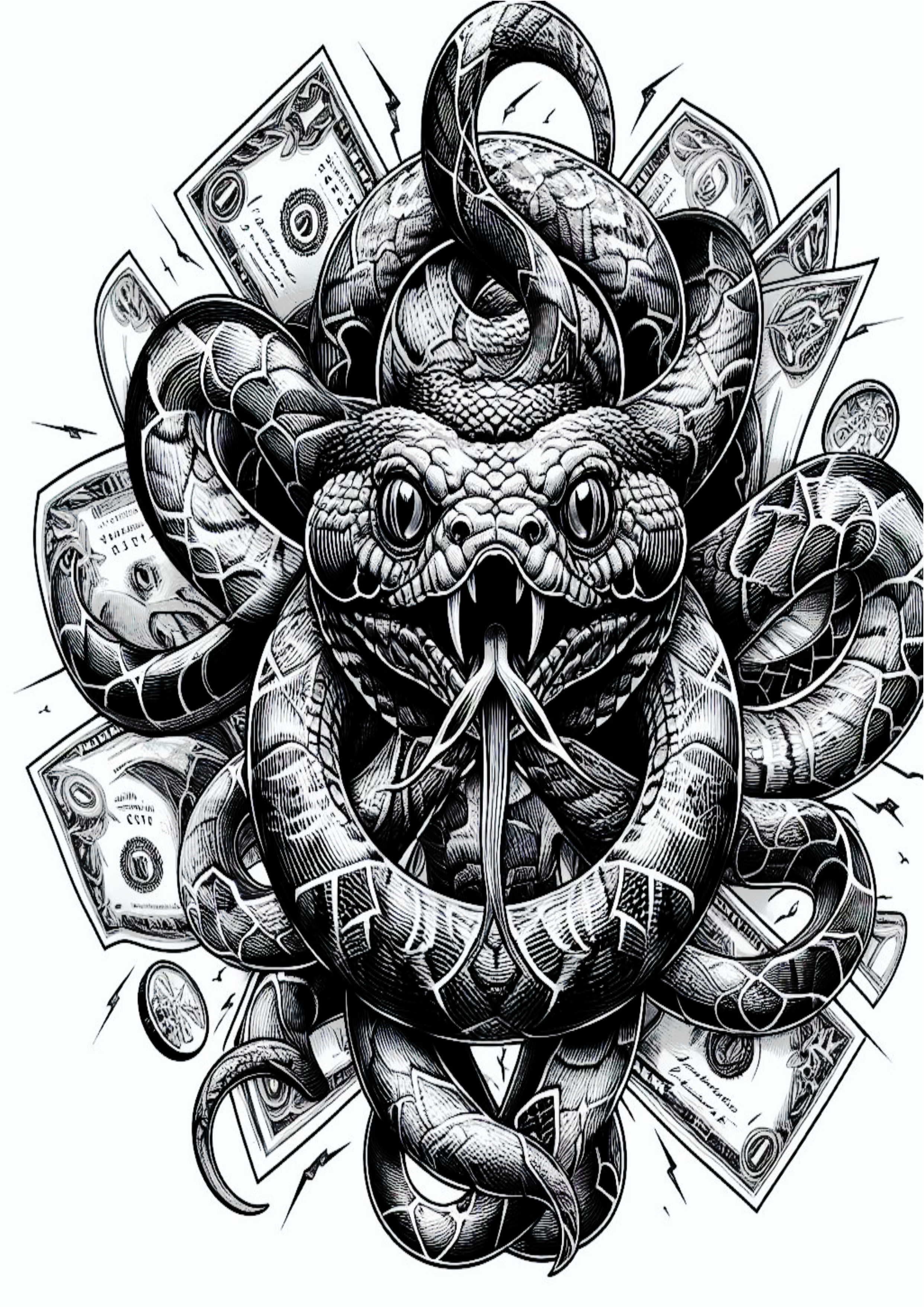 Tatuagem psicodélica animais realistas arte conceitual cobra assustadora dinheiro money dólares png
