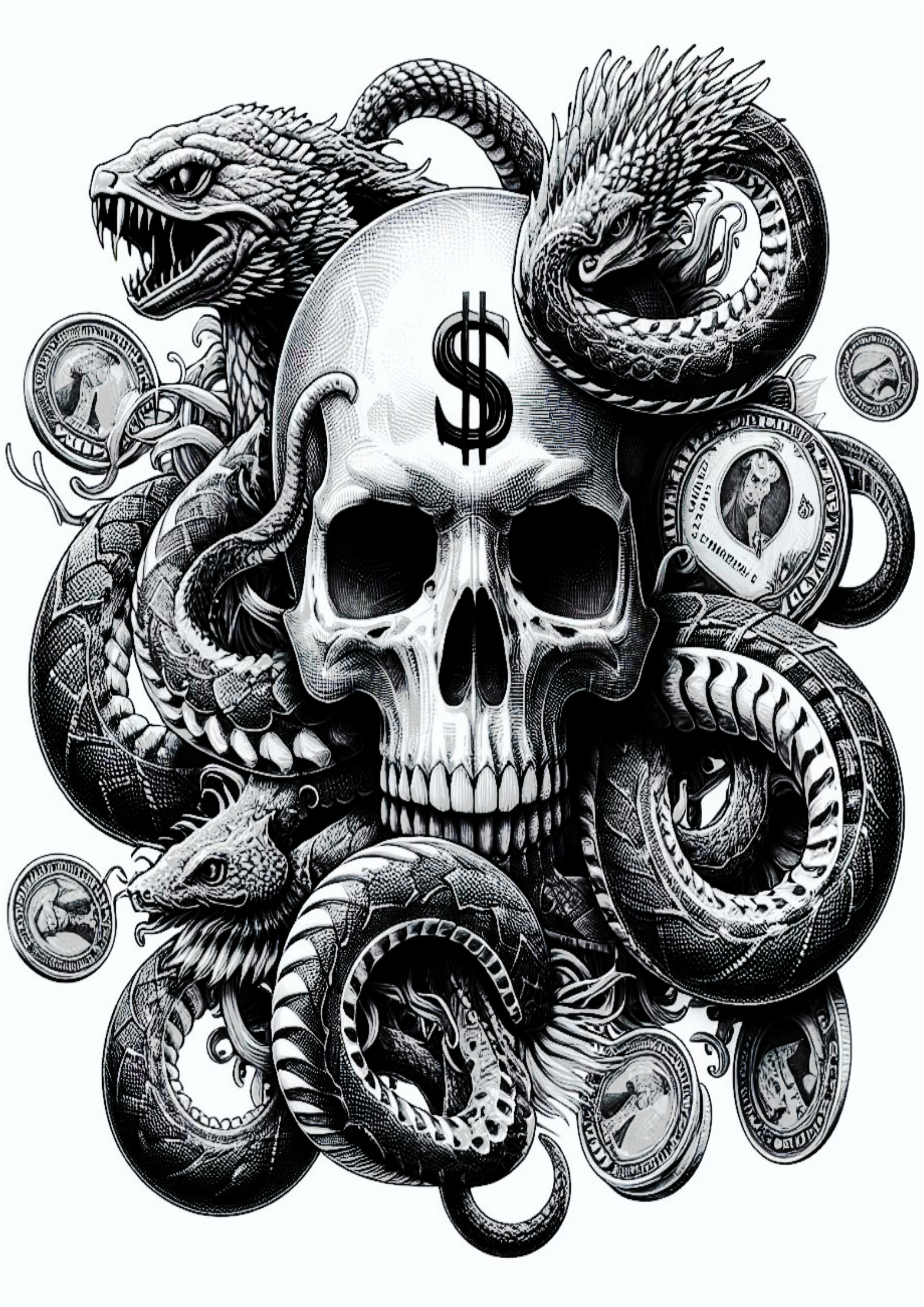 Tatuagem psicodélica animais realistas arte conceitual dragões e caveira skull crânio dinheiro money dólares png