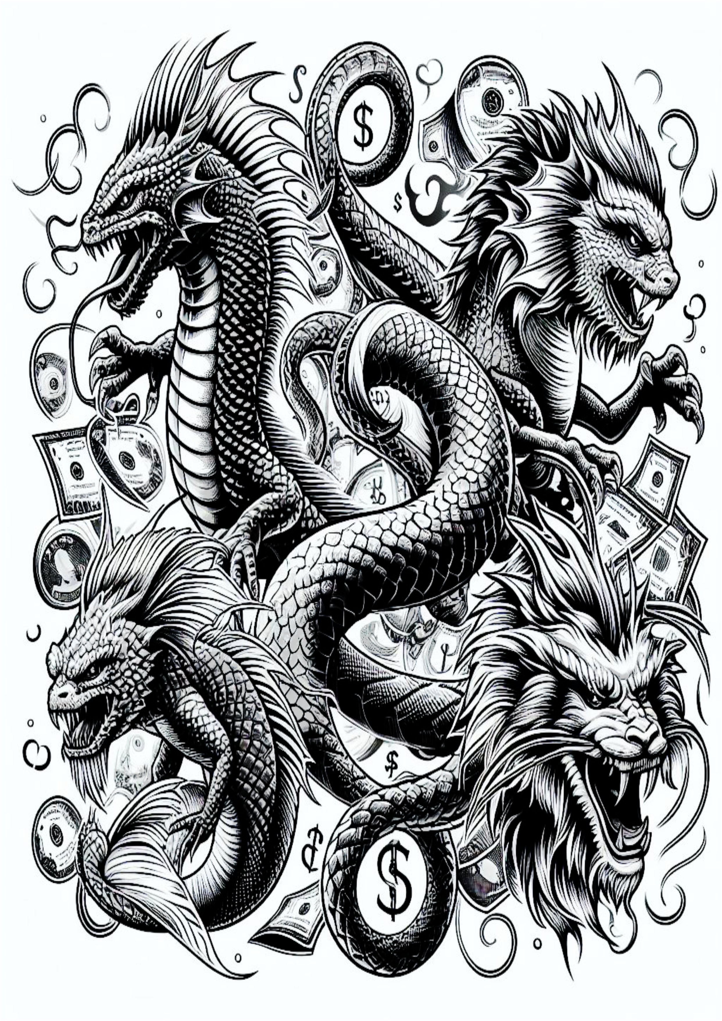 Tatuagem psicodélica animais realistas arte conceitual dragões assustadores money dólares free download png