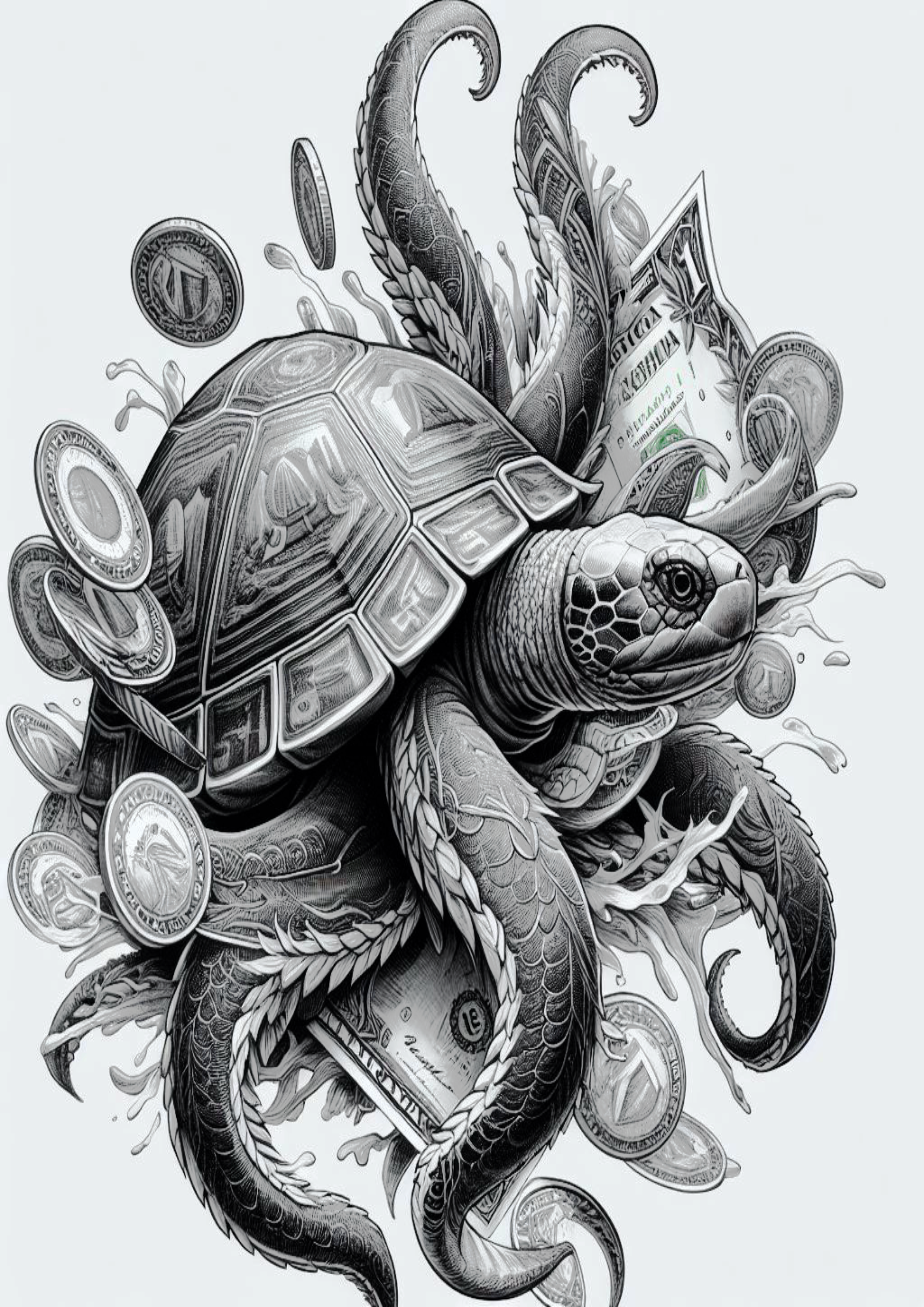 Tatuagem psicodélica animais realistas arte conceitual tartaruga marinha money dólares free download png