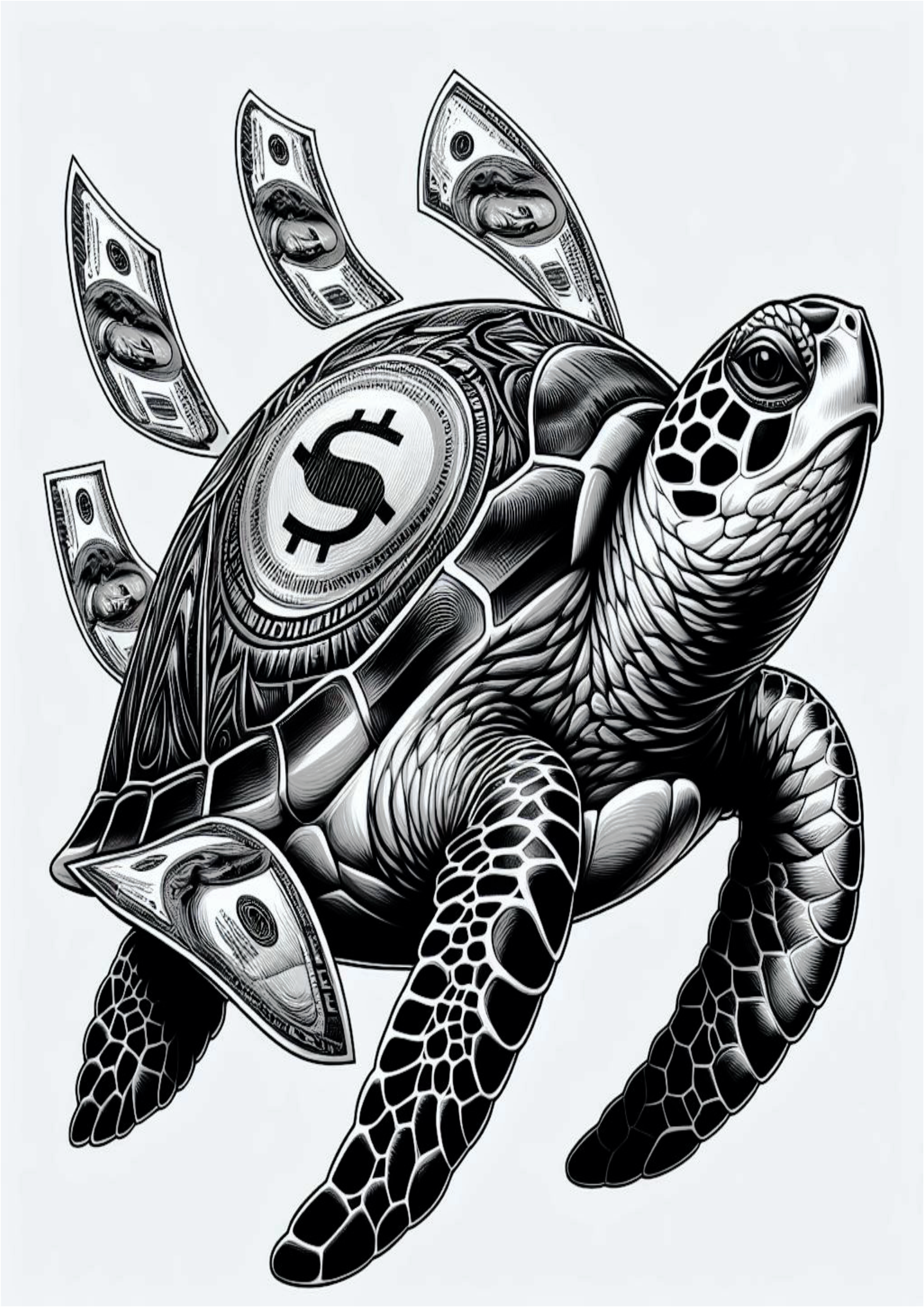 Tatuagem psicodélica animais realistas arte conceitual tartaruga marinha money dólares free download design png