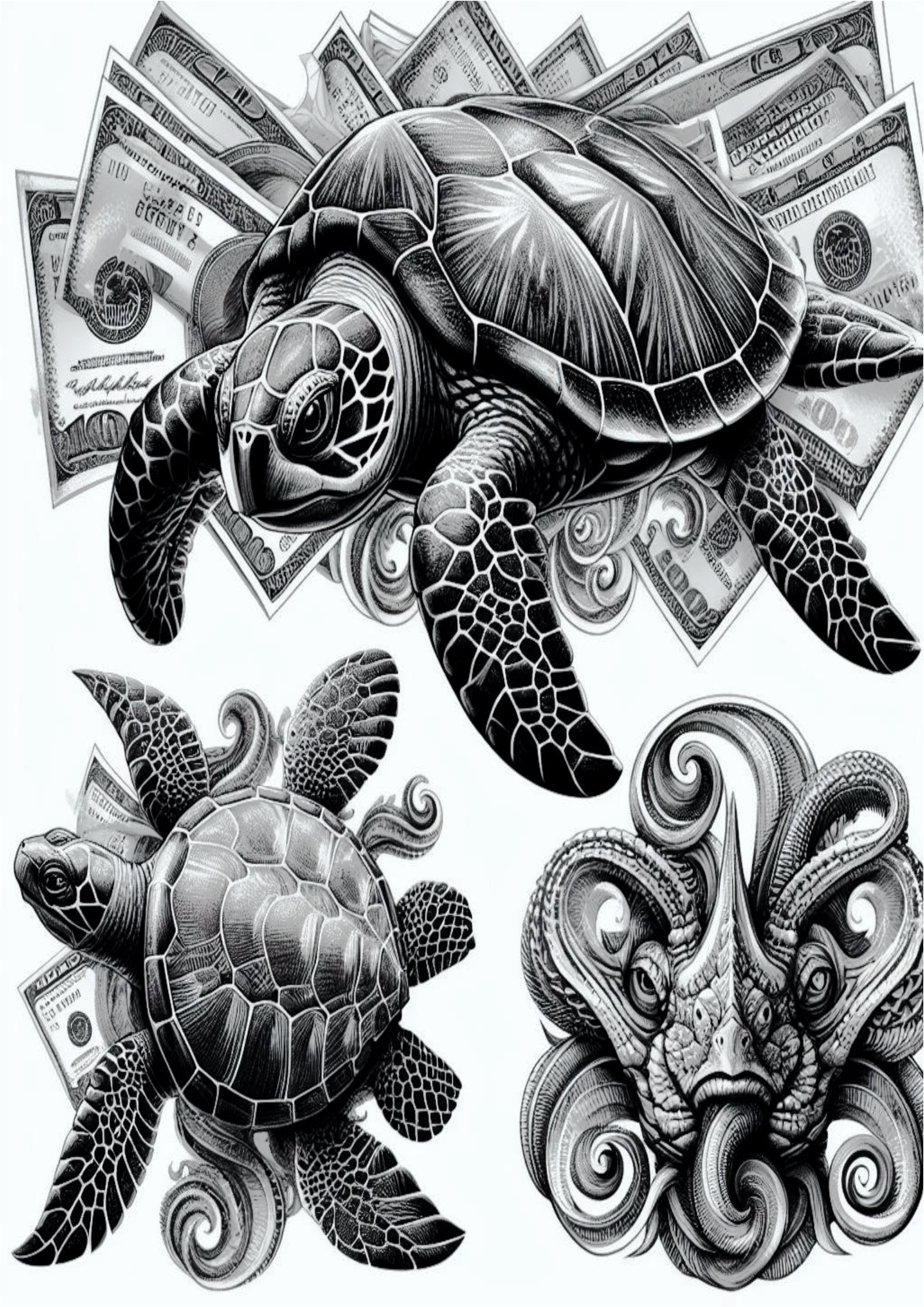 Tatuagem psicodélica animais realistas arte conceitual tartaruga marinha money dólares free download design png preto e branco