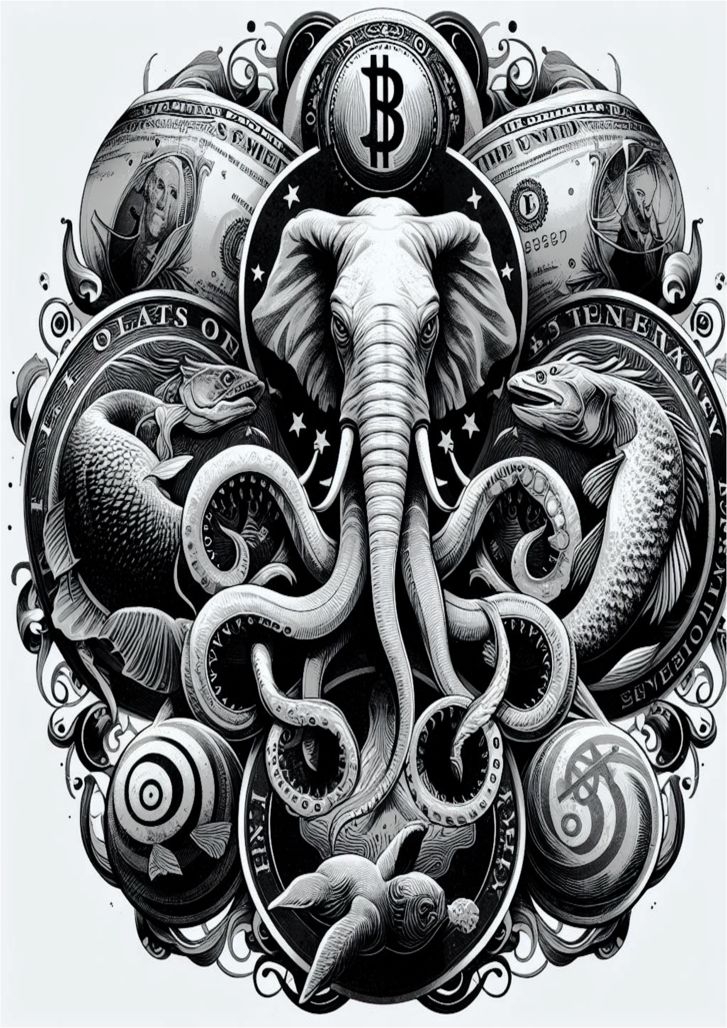 Tatuagem psicodélica animais realistas arte conceitual money dólares free download design png preto e branco
