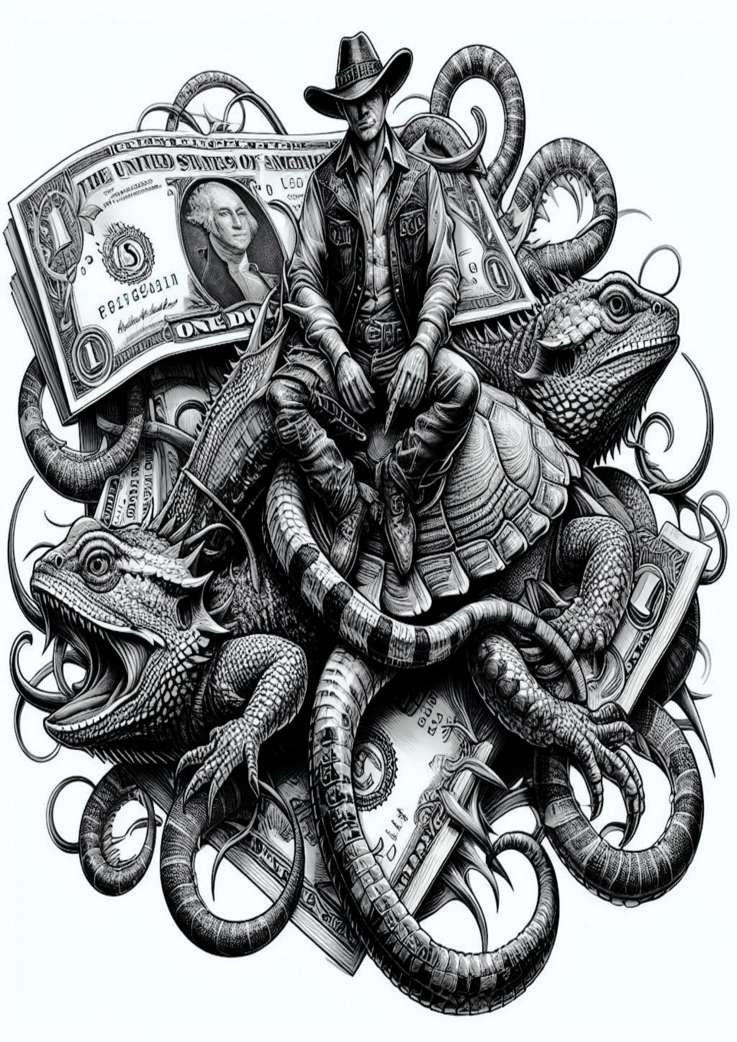 Tatuagem psicodélica animais realistas camaleão arte conceitual money dólares free download design png preto e branco