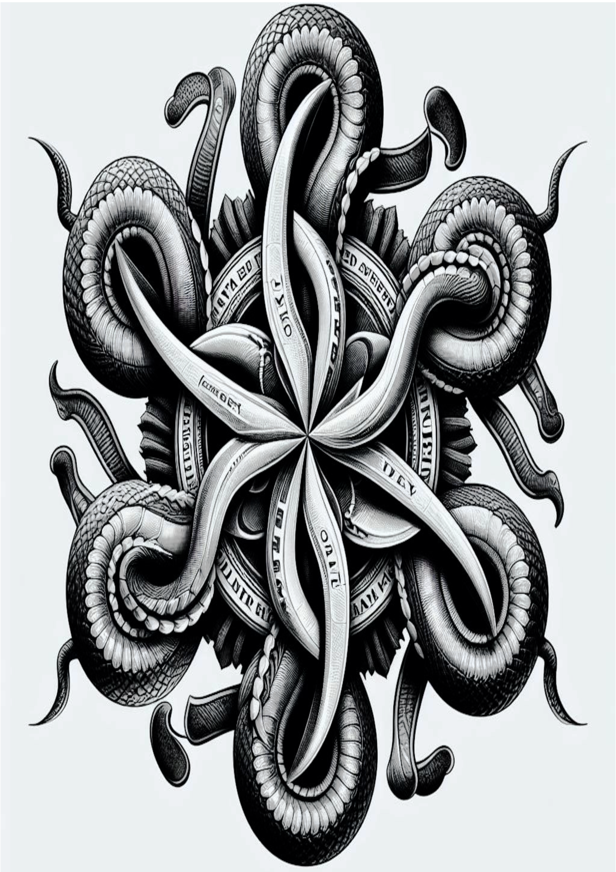 Tatuagem psicodélica animais realistas réptil arte conceitual money dólares free download design png preto e branco