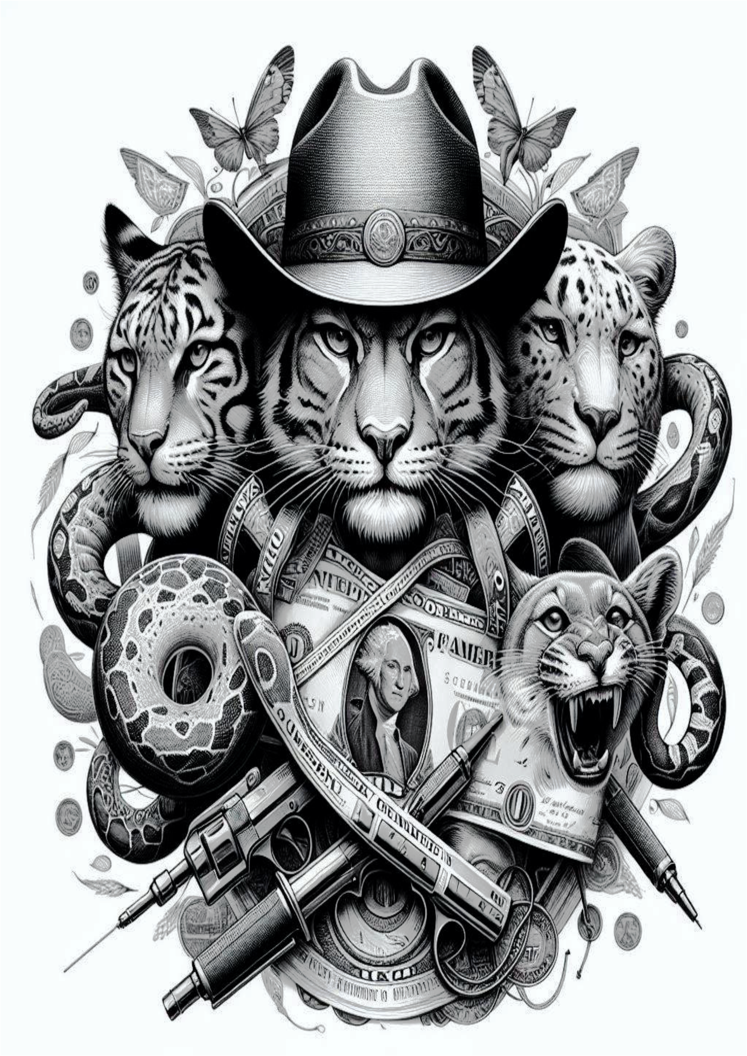 Tatuagem psicodélica animais realistas tigres e cobras arte conceitual money dólares free download design png preto e branco