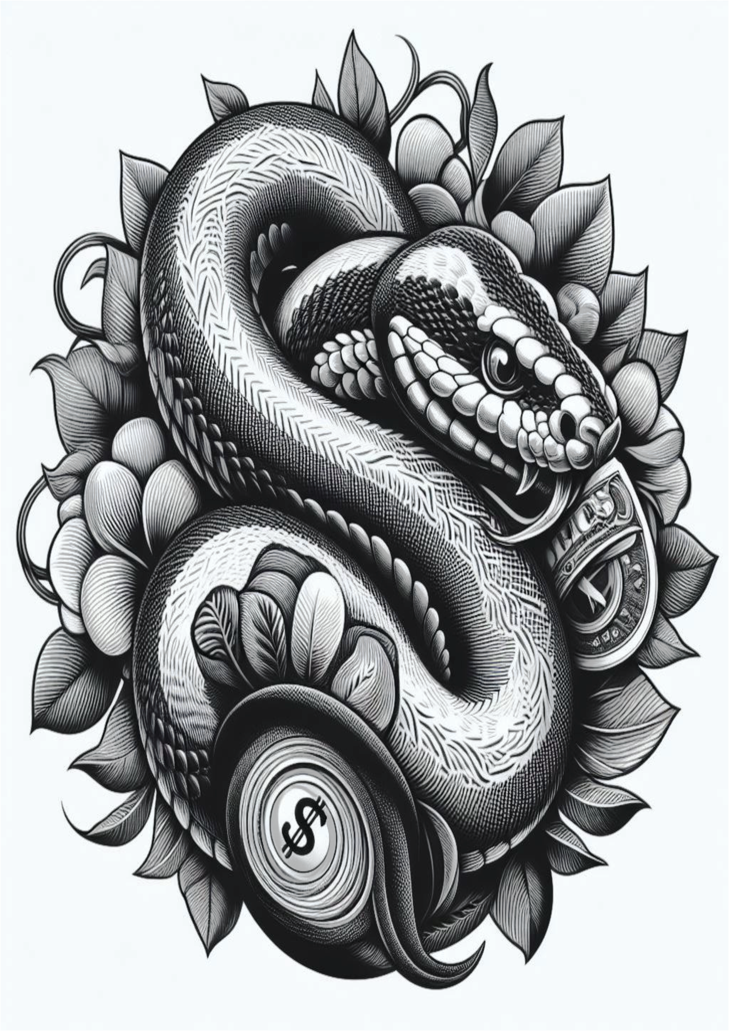 Tatuagem psicodélica animais realistas cobras snake money dólares free download design png preto e branco