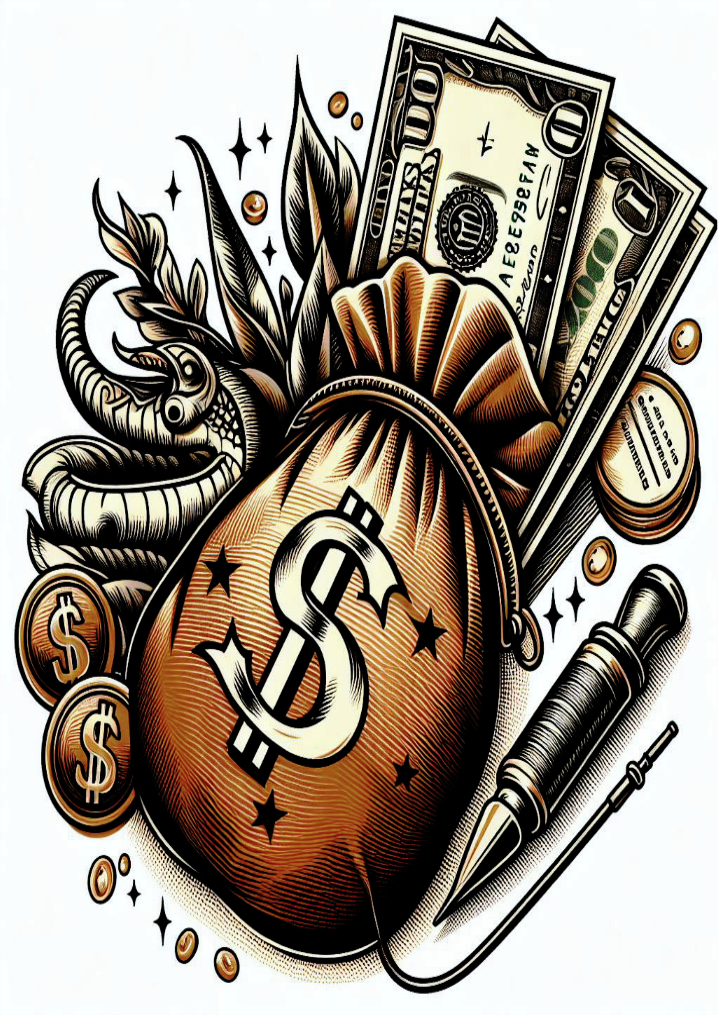 Malote de dinheiro tatuagem temporária para imprimir png grana money colorida