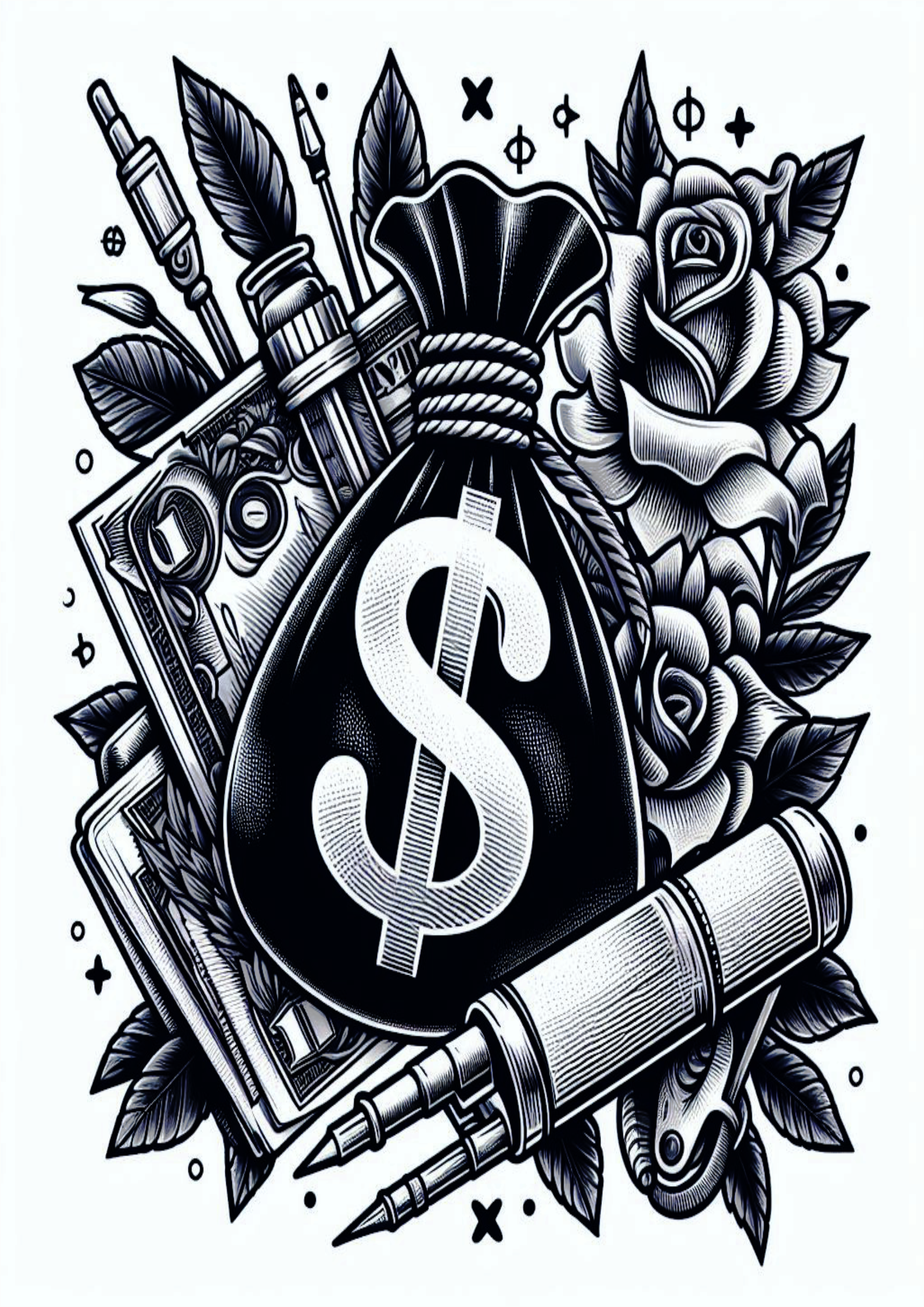 Malote de dinheiro tatuagem temporária para imprimir png grana money arte conceitual flores