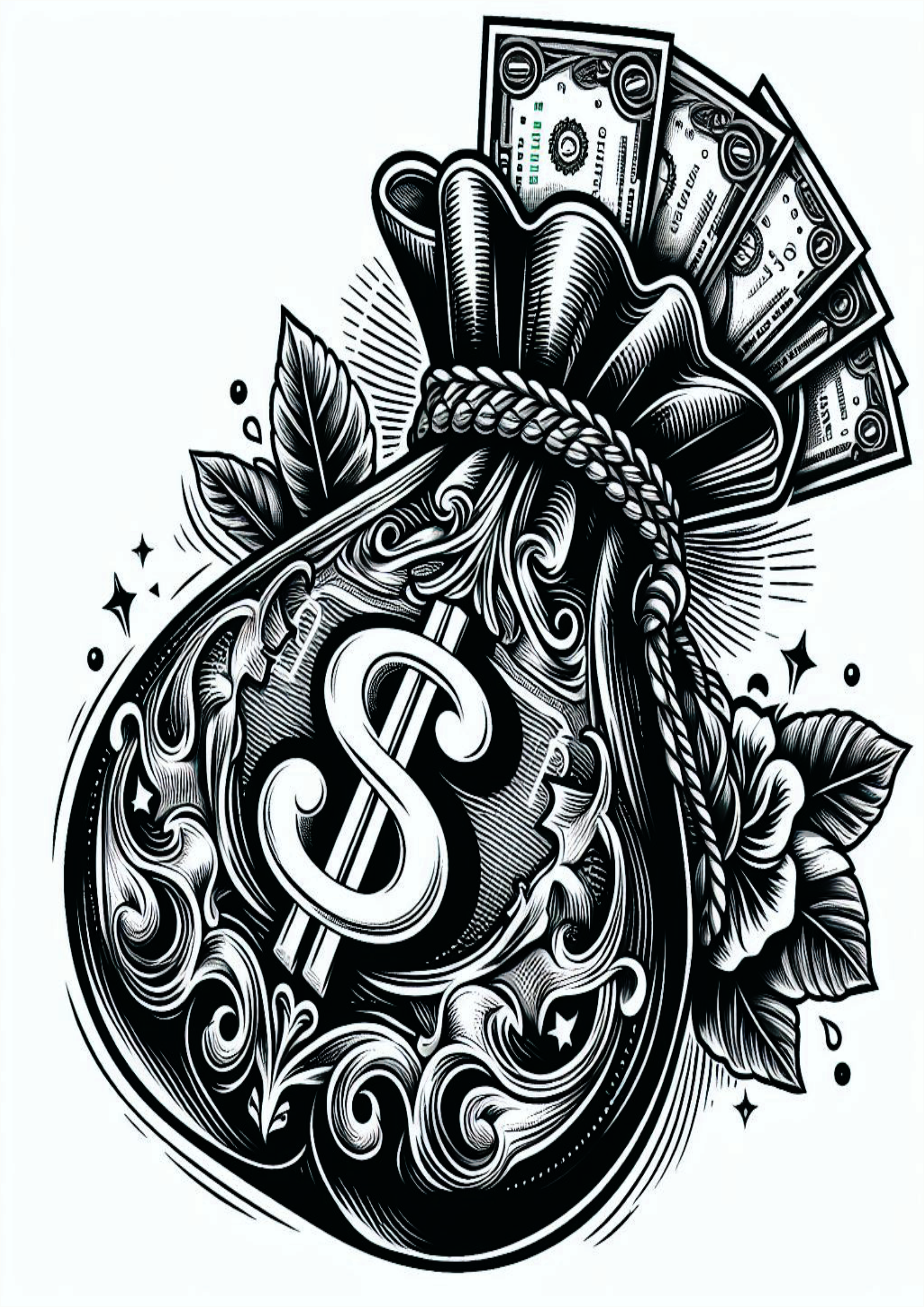 Malote de dinheiro tatuagem temporária para imprimir png grana money arte conceitual preto e branco