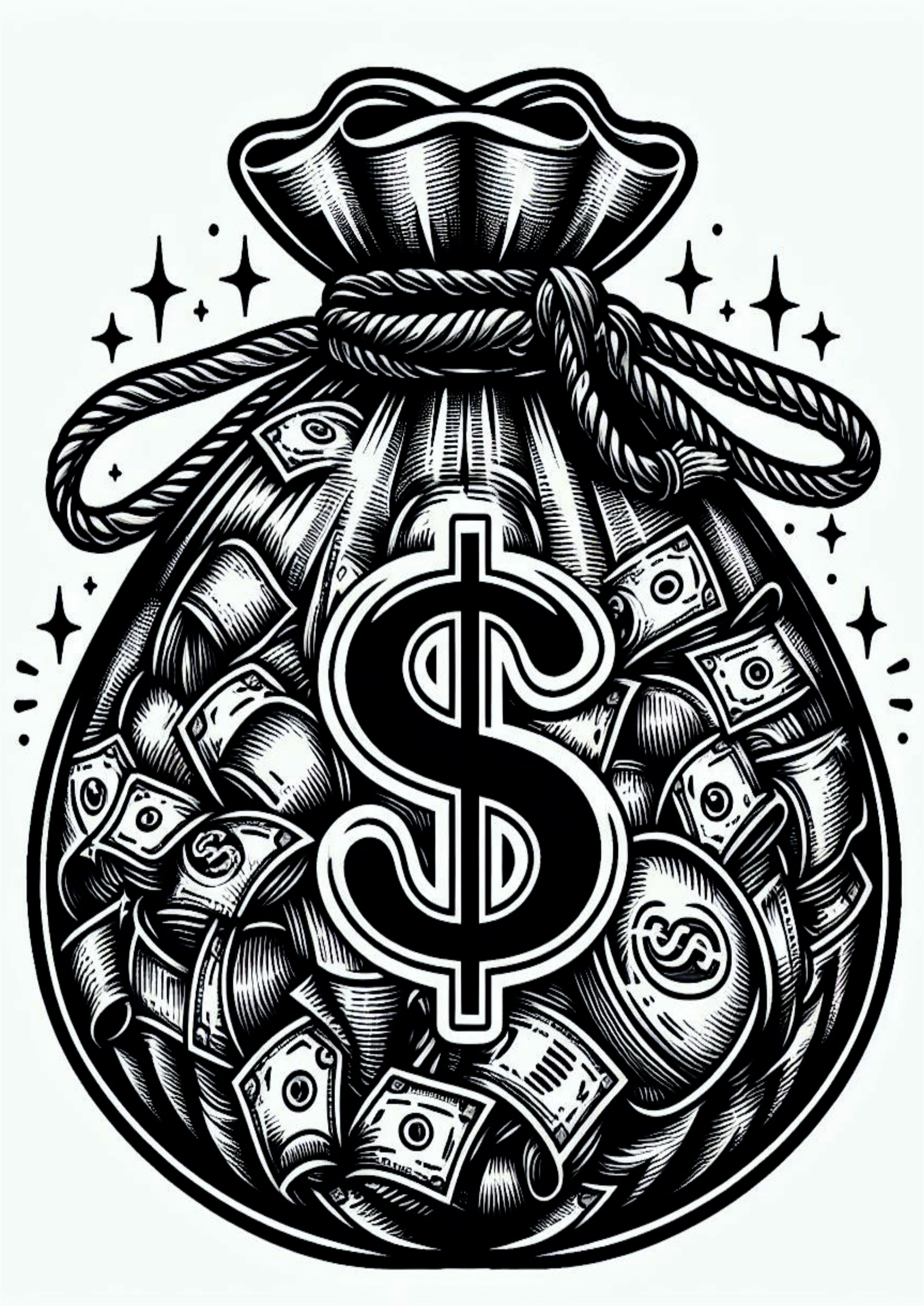 Malote de dinheiro tatuagem temporária para imprimir png grana money arte conceitual preto e branco free download