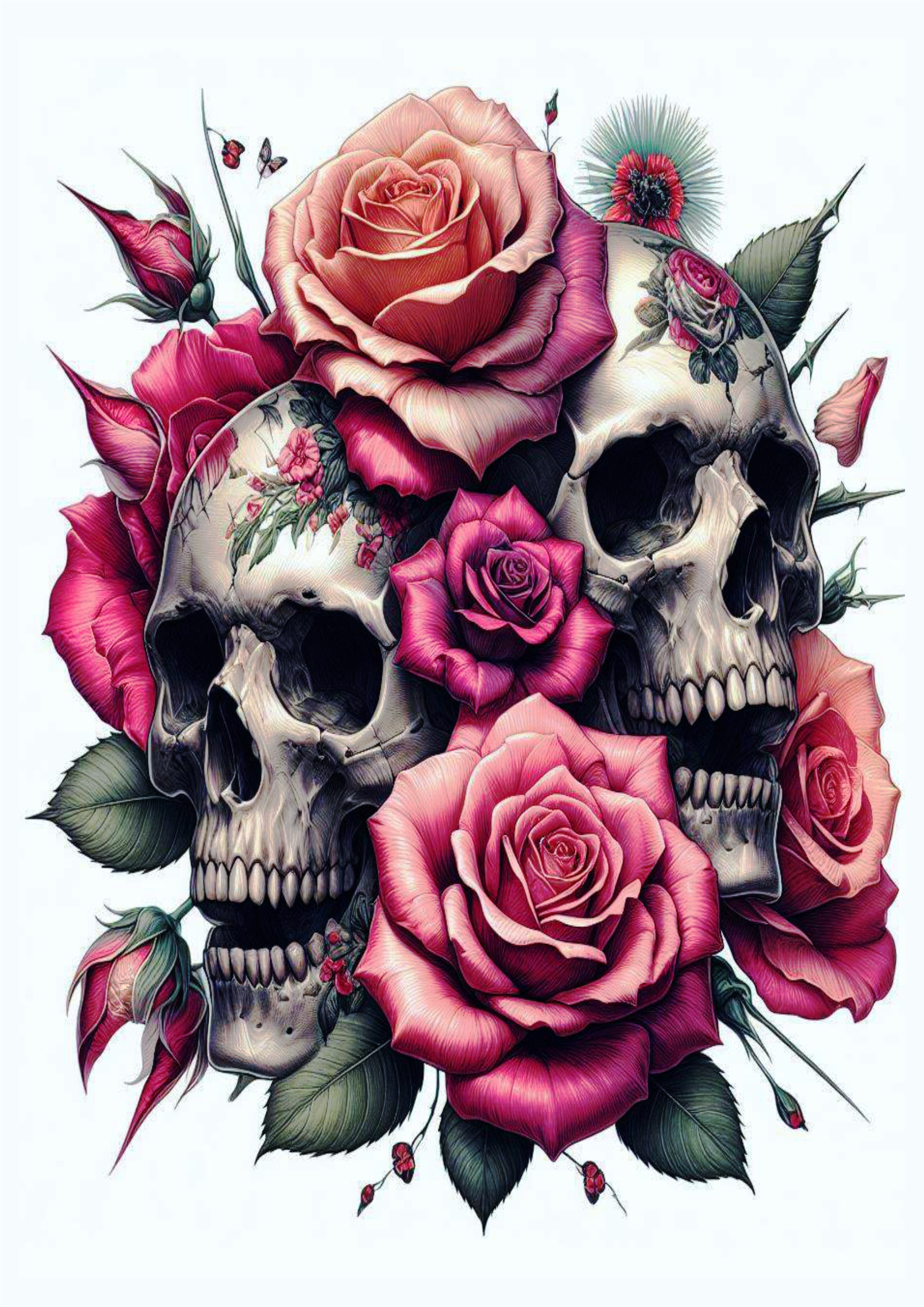 Tatuagem realista caveiras e flores png pack de imagens coloridas grátis