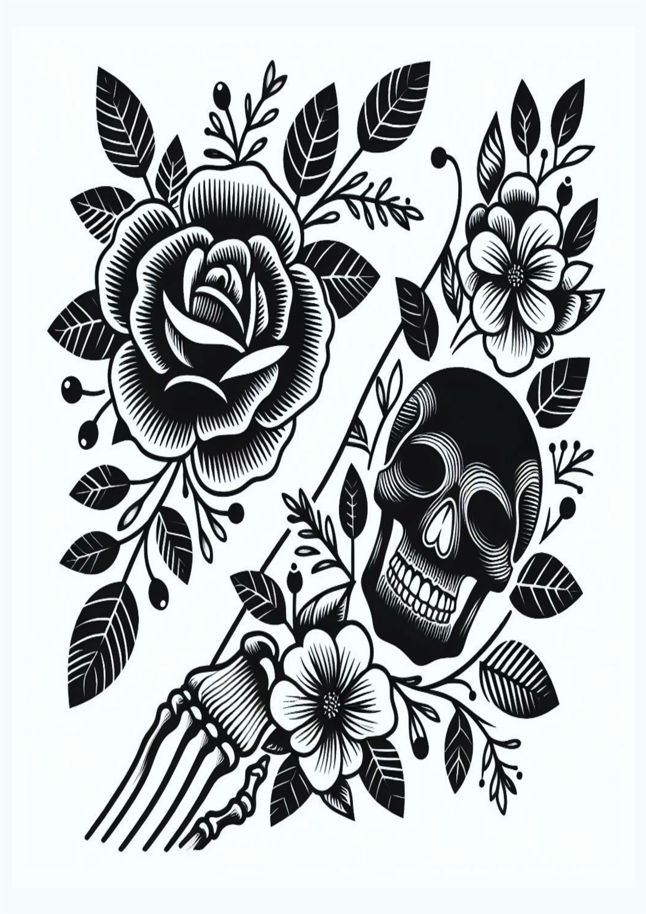 Tatuagem monocromática caveiras e flores png