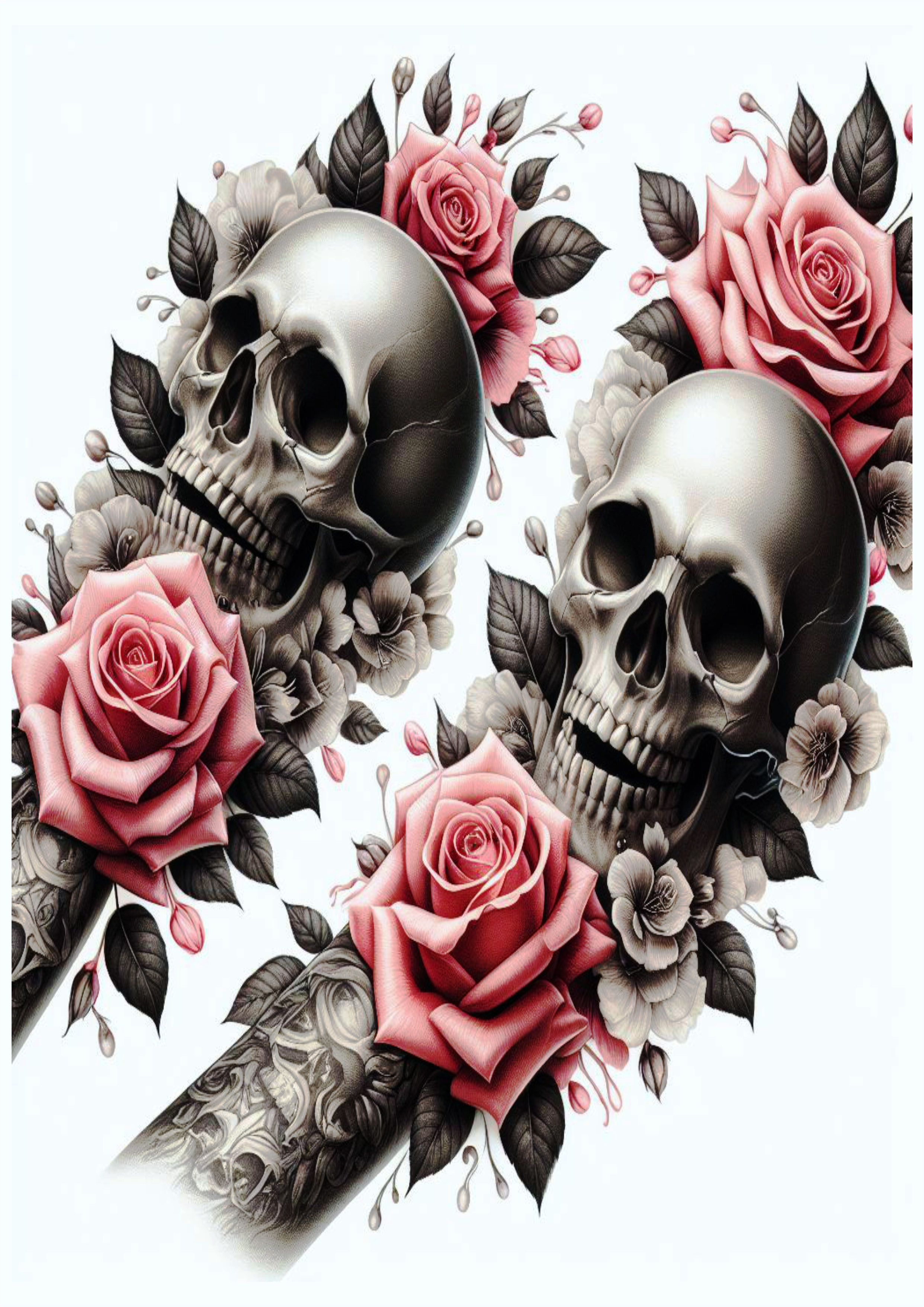 Caveiras e flores tatuagem realista no braço free download png