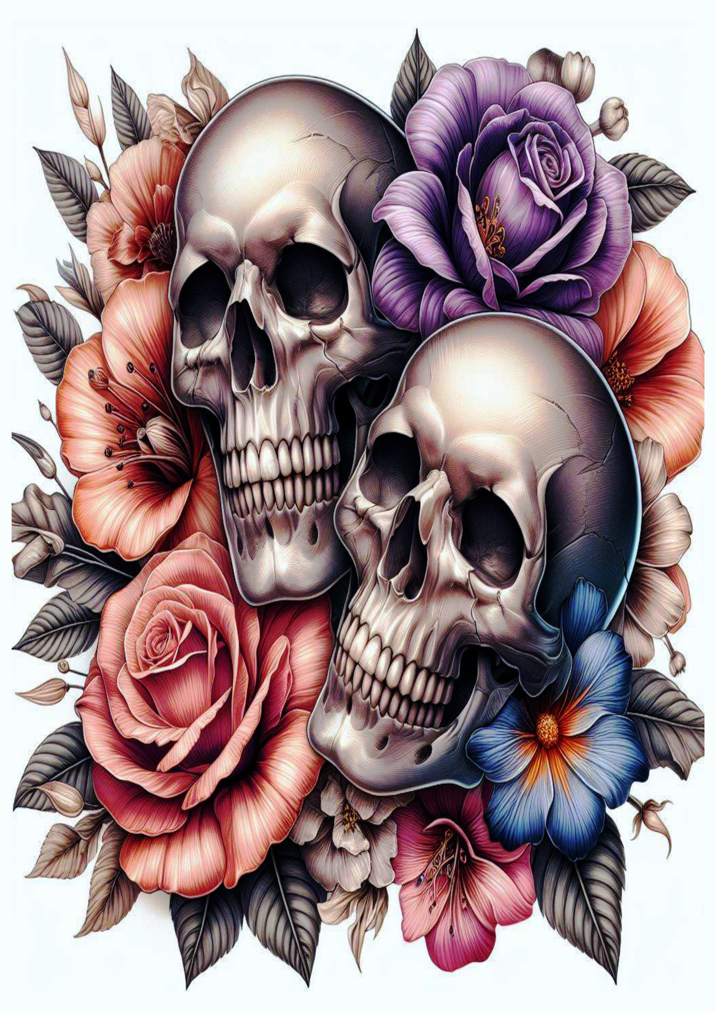 Caveiras e flores tatuagem realista free download desenho artístico png