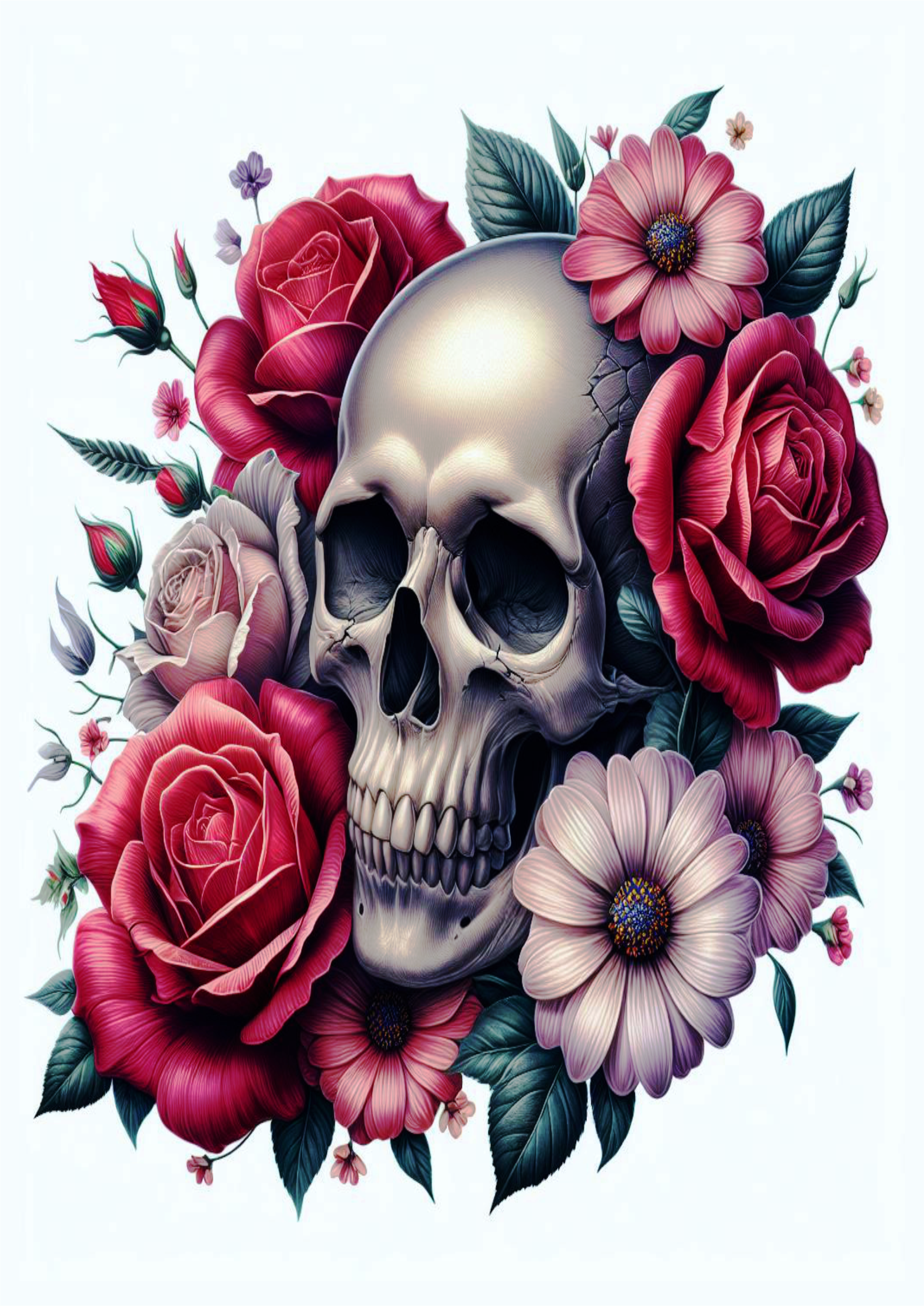 Caveiras e flores tatuagem realista free download desenho artístico png arte conceitual tatoo grátis