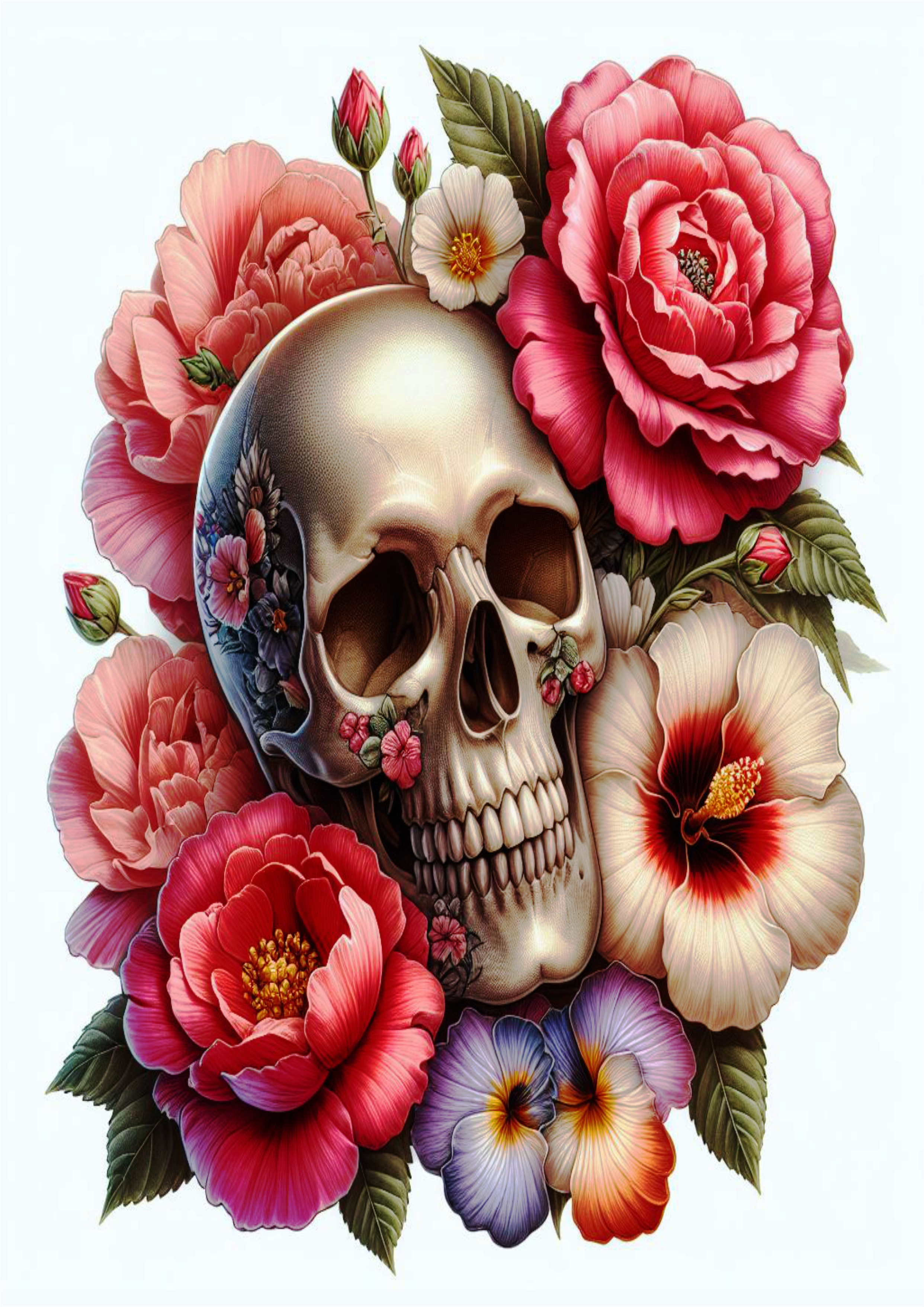 Skulls and flowers realistic tattoo free download artistic drawing png