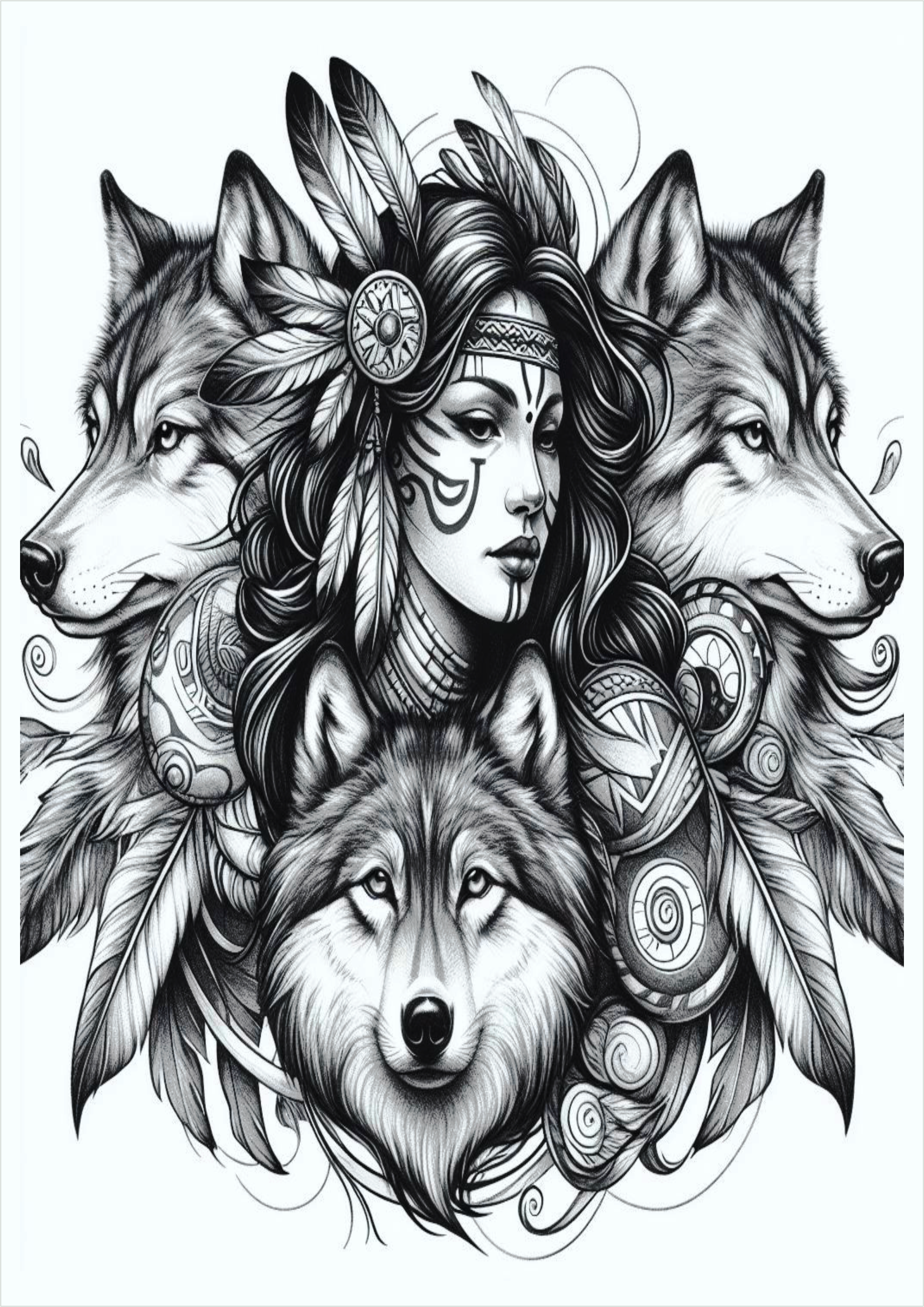 India with wolves monochrome tattoo idea png images