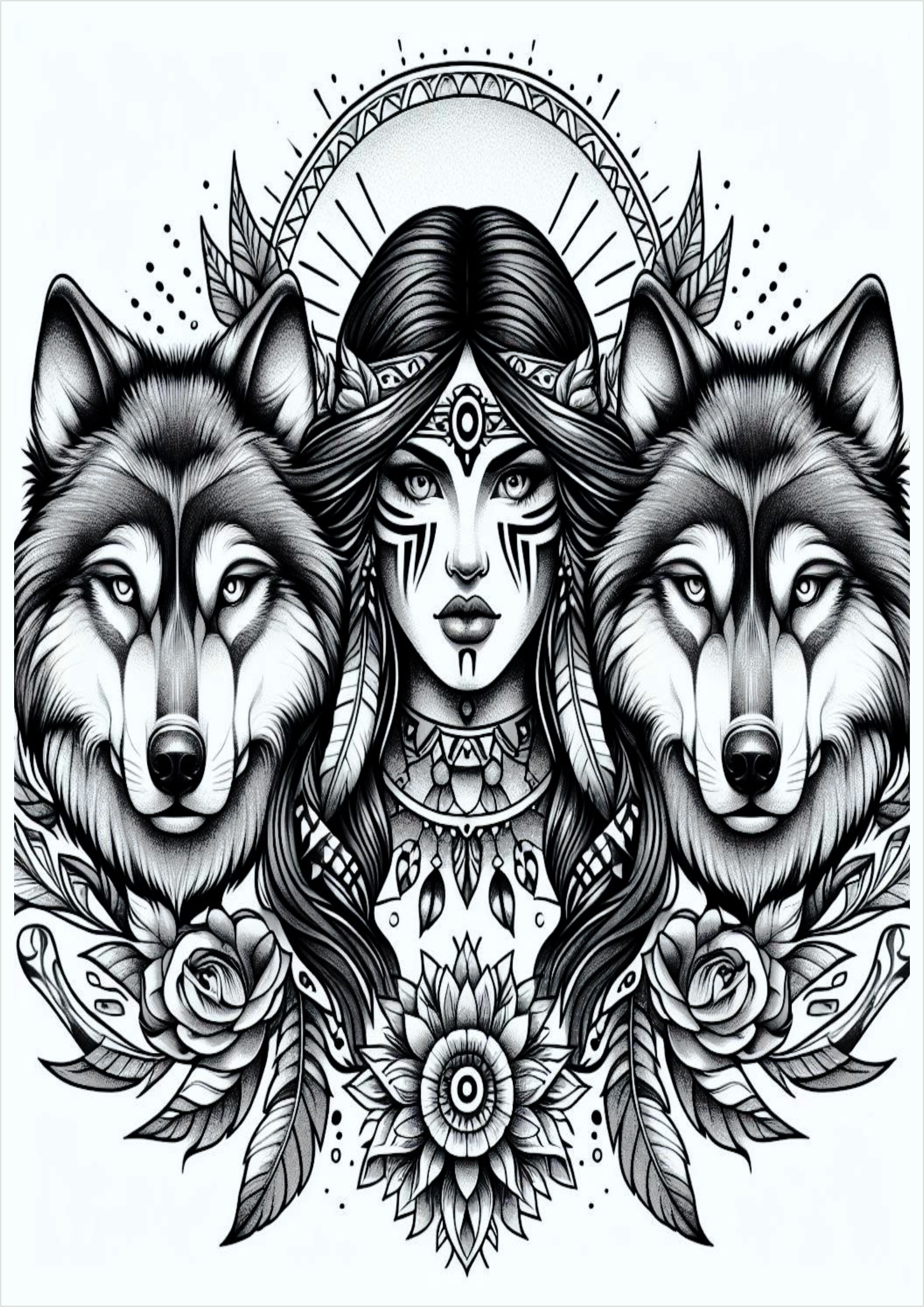 India with wolves monochrome tattoo idea png free concept art