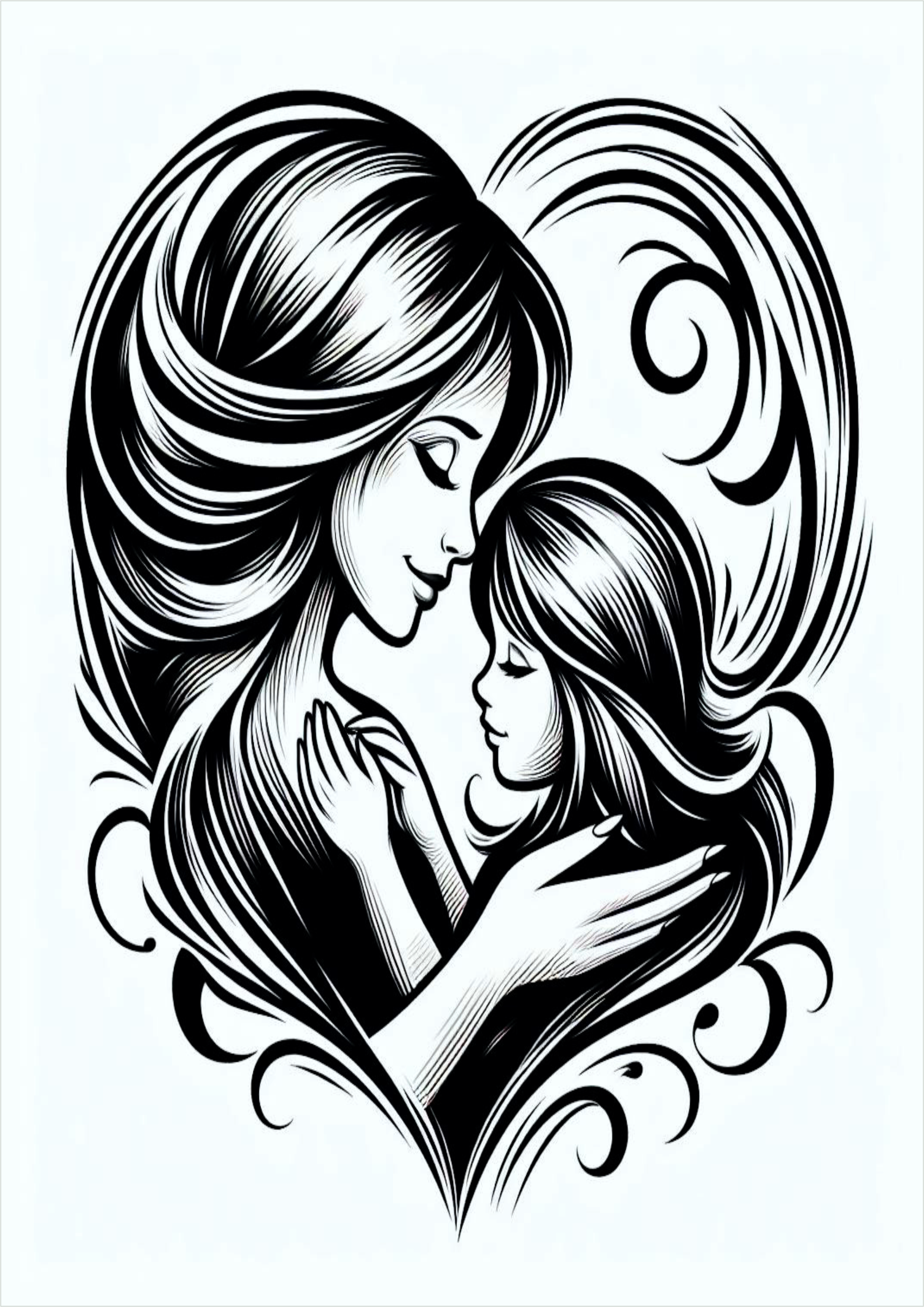 ideas for female tattoo PNG simple drawing mother and daughter in heart shape