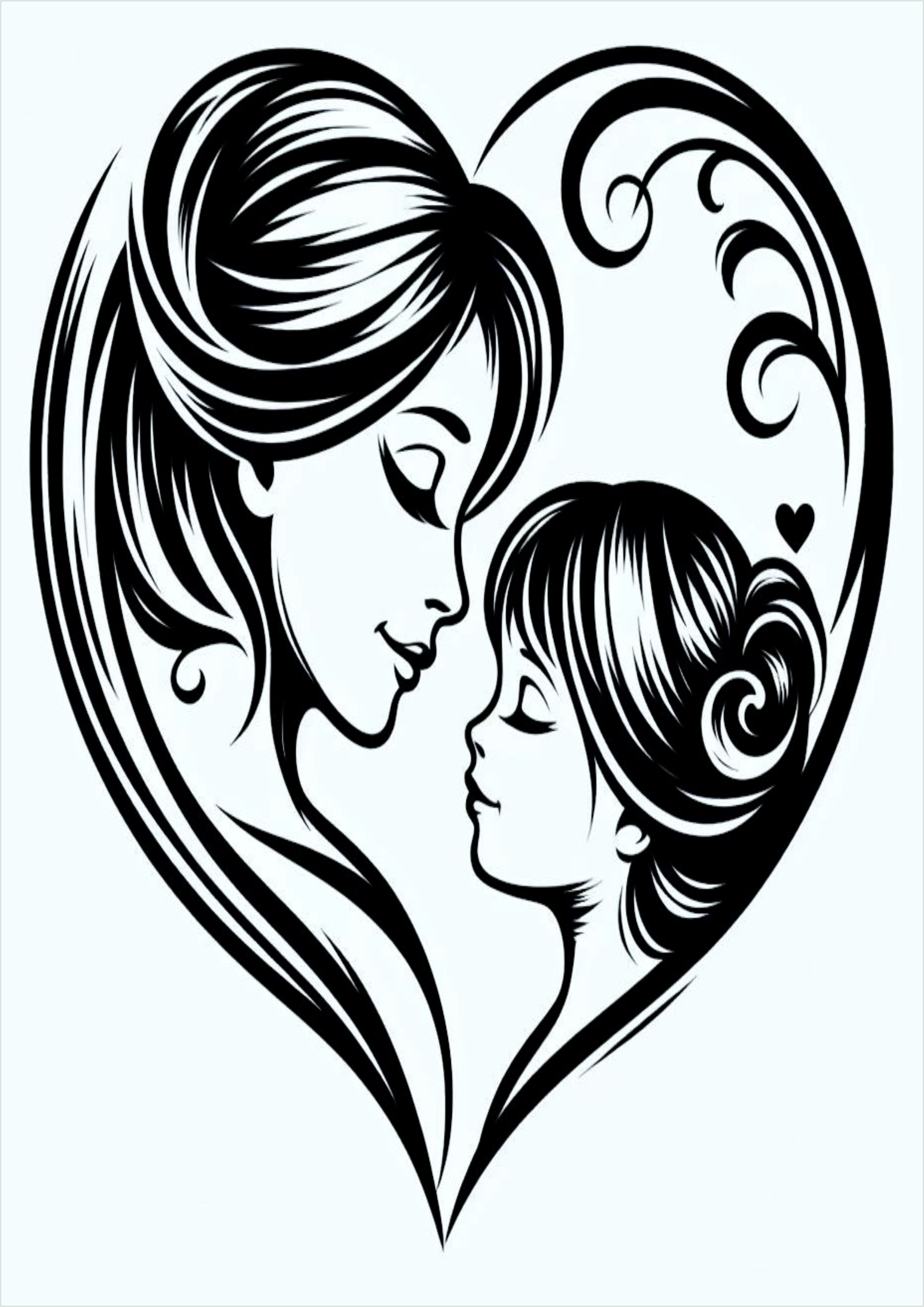 female tattoo ideas PNG simple drawing mother and daughter in heart shape image pack free download