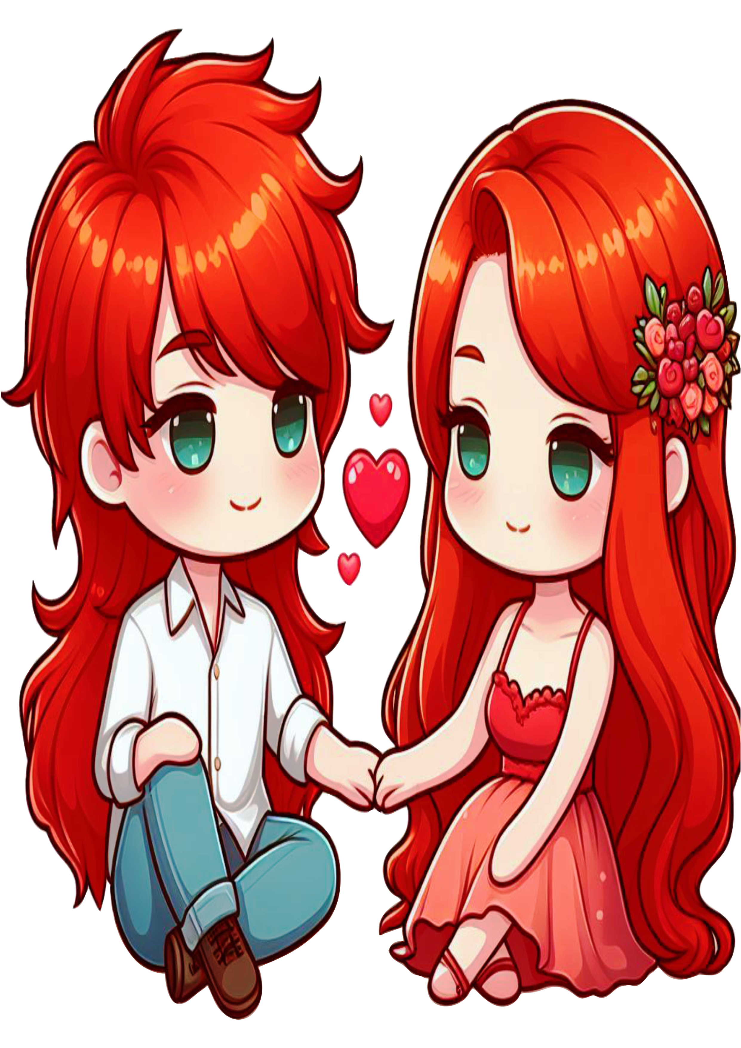 Namorados casal fofinho desenho simples ruivo png fundo transparente cabelos vermelhos apaixonados mãos dadas vetor