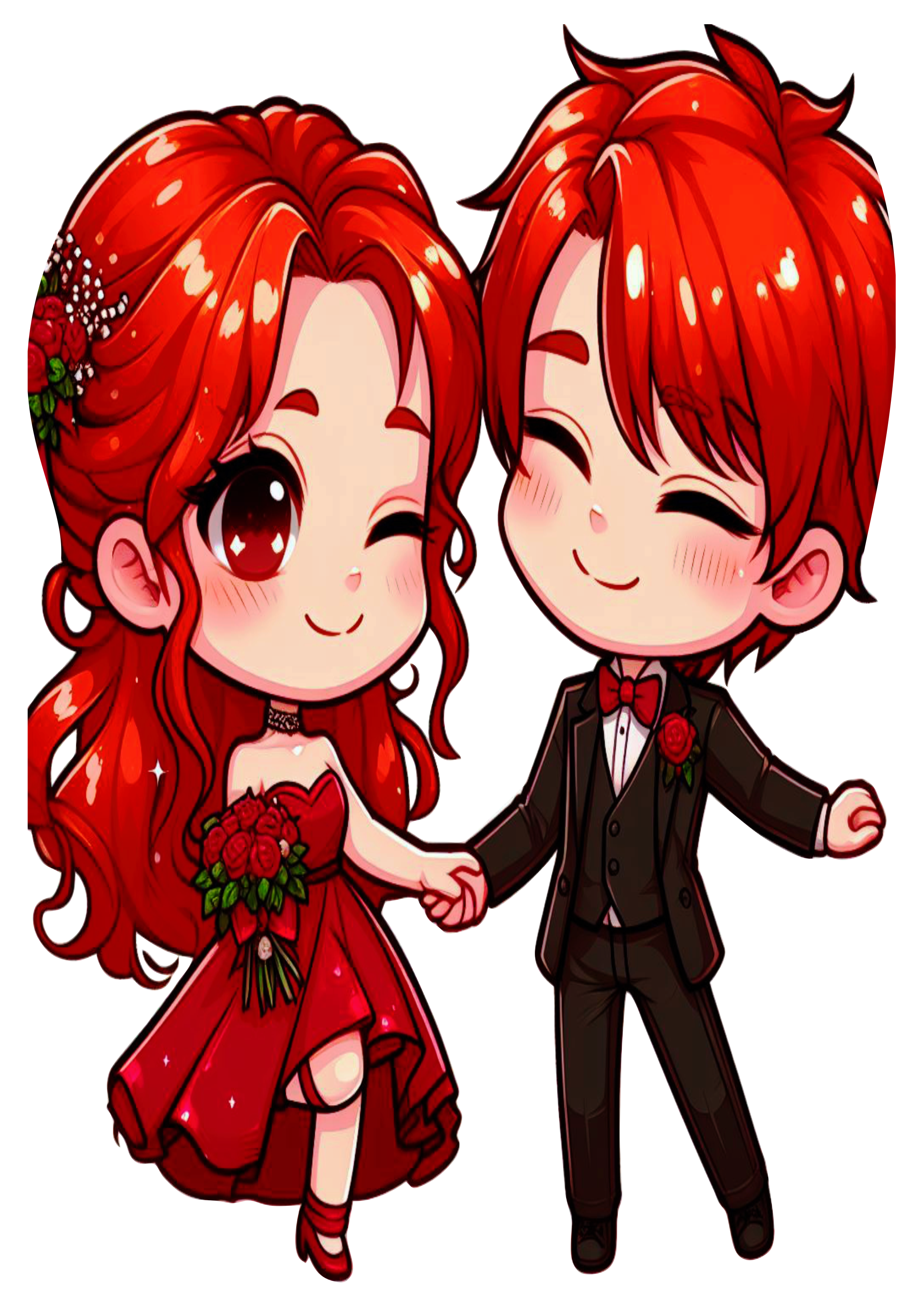 Namorados casal fofinho desenho simples ruivo png fundo transparente cabelos vermelhos apaixonados mãos dadas ilustração
