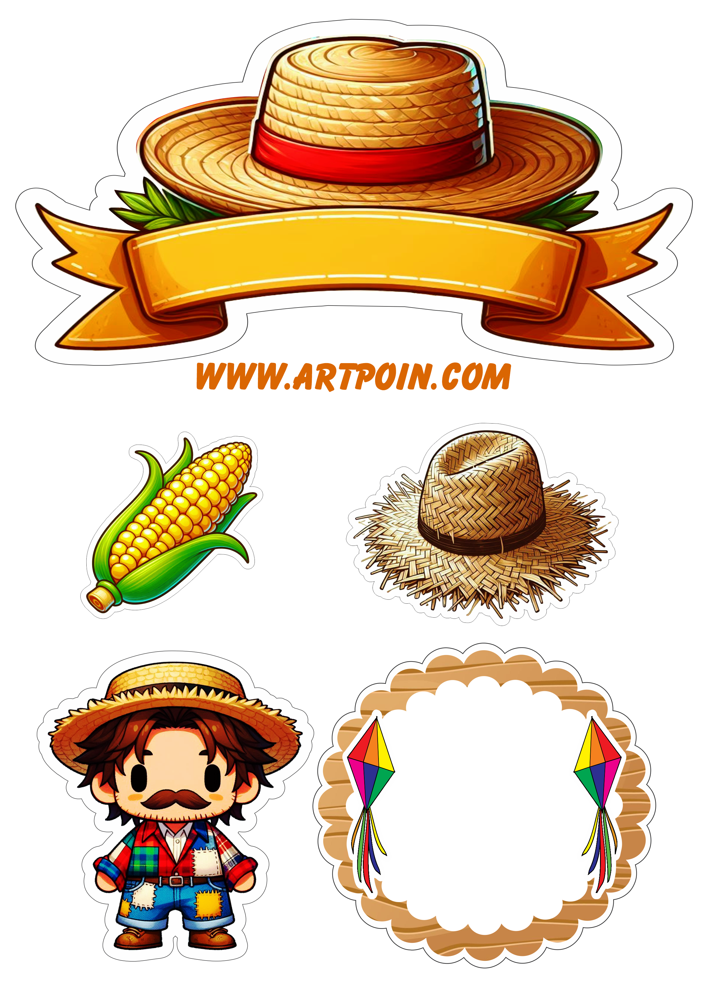 Topo de bolo para imprimir decoração de festa junina espiga de milho chapéu de palha aniversário personalizado png
