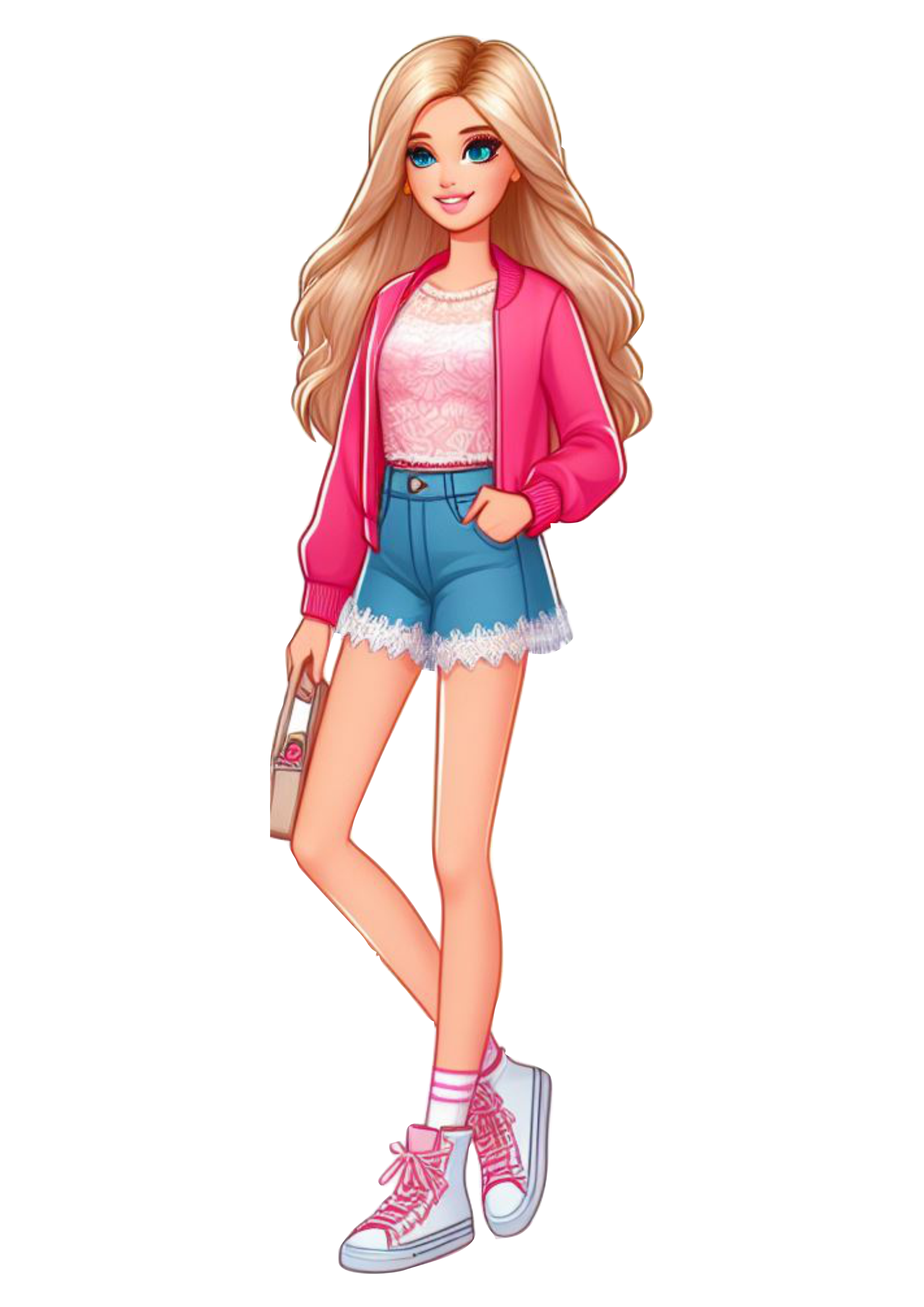 Imagens fofinhas boneca Barbie roupa rosa fashion png mão no bolso