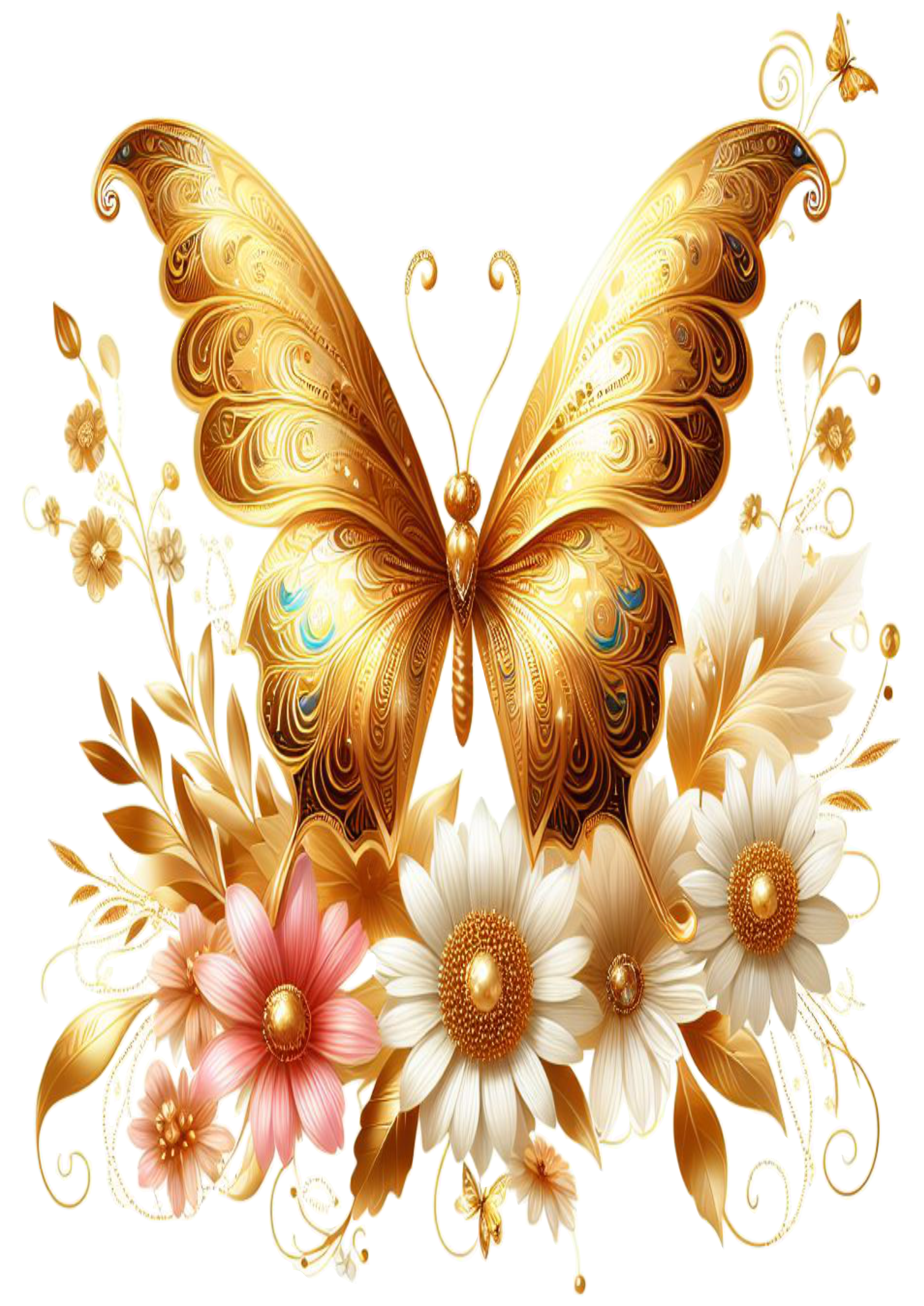 Borboletas e flores png dourado ilustração incrível