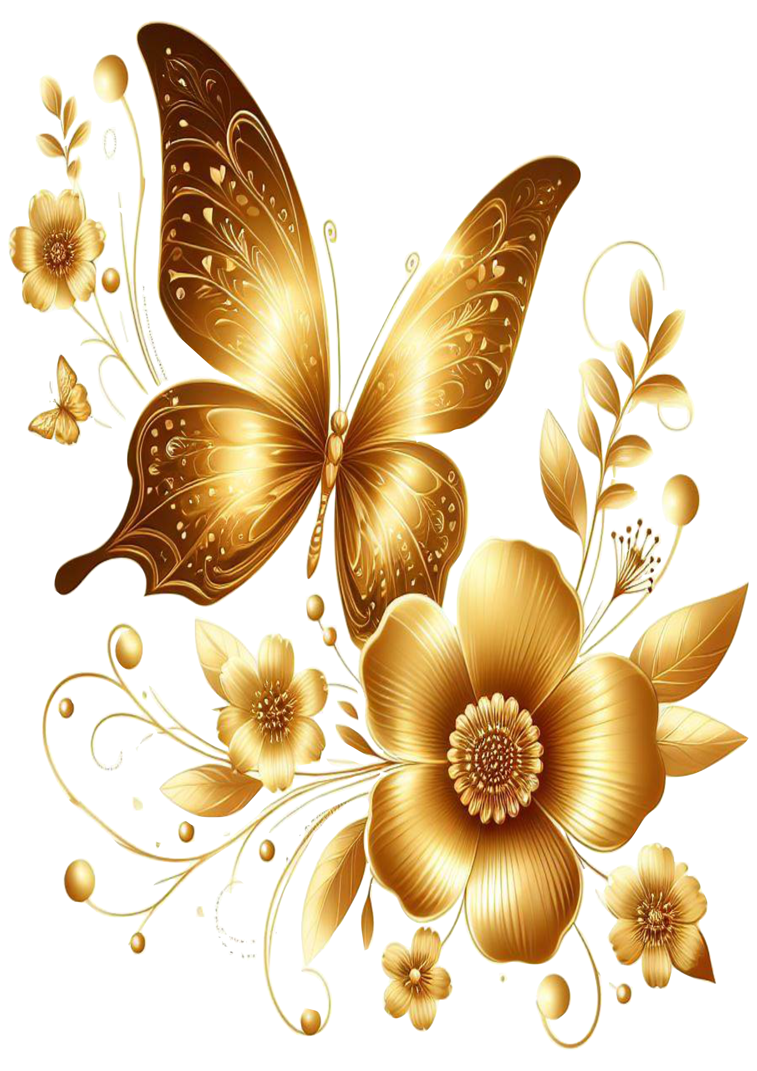 Flores douradas borboleta fundo transparente imagem para decoração clipart png