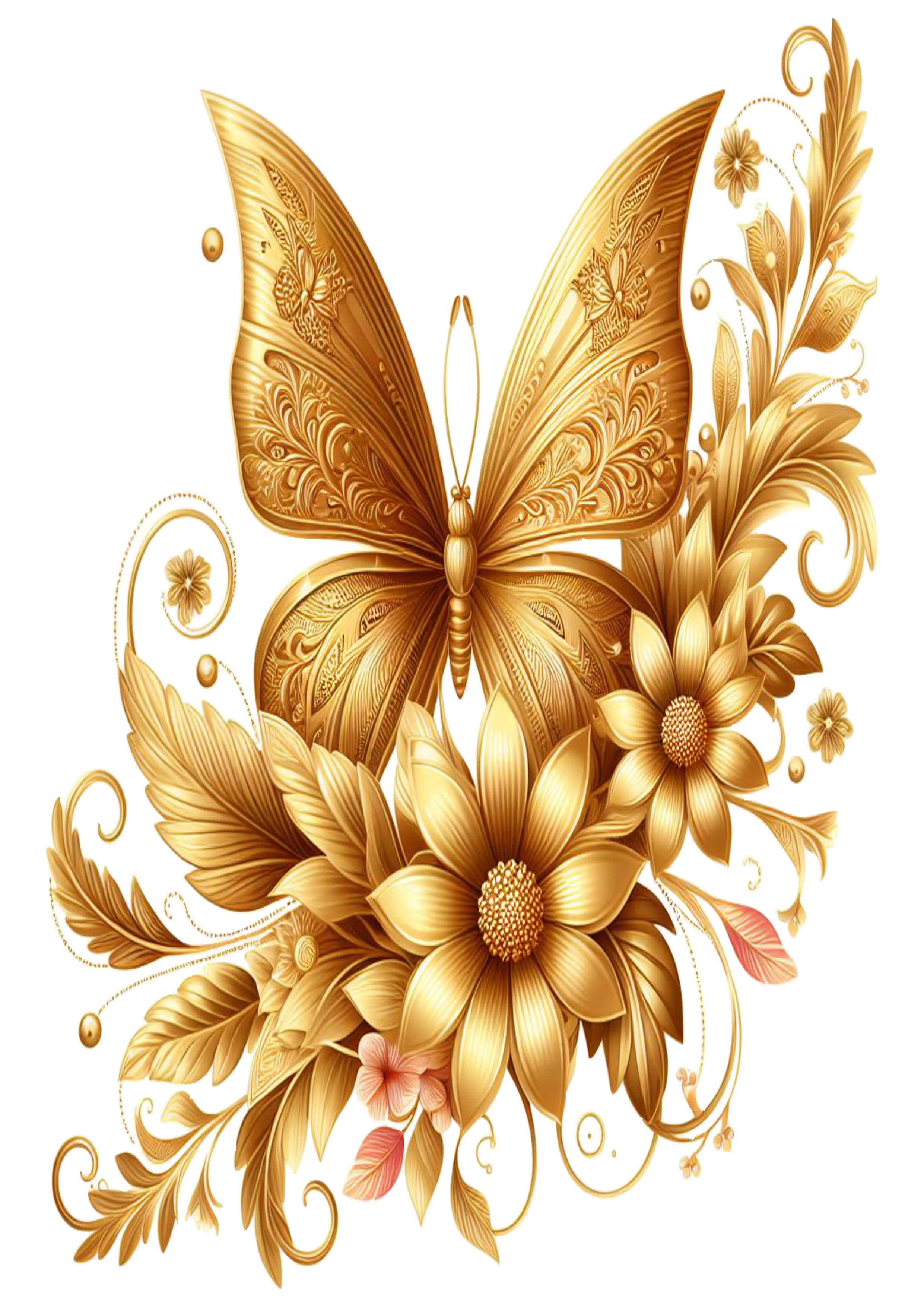 Pack de imagens douradas flores e borboletas fundo transparente png