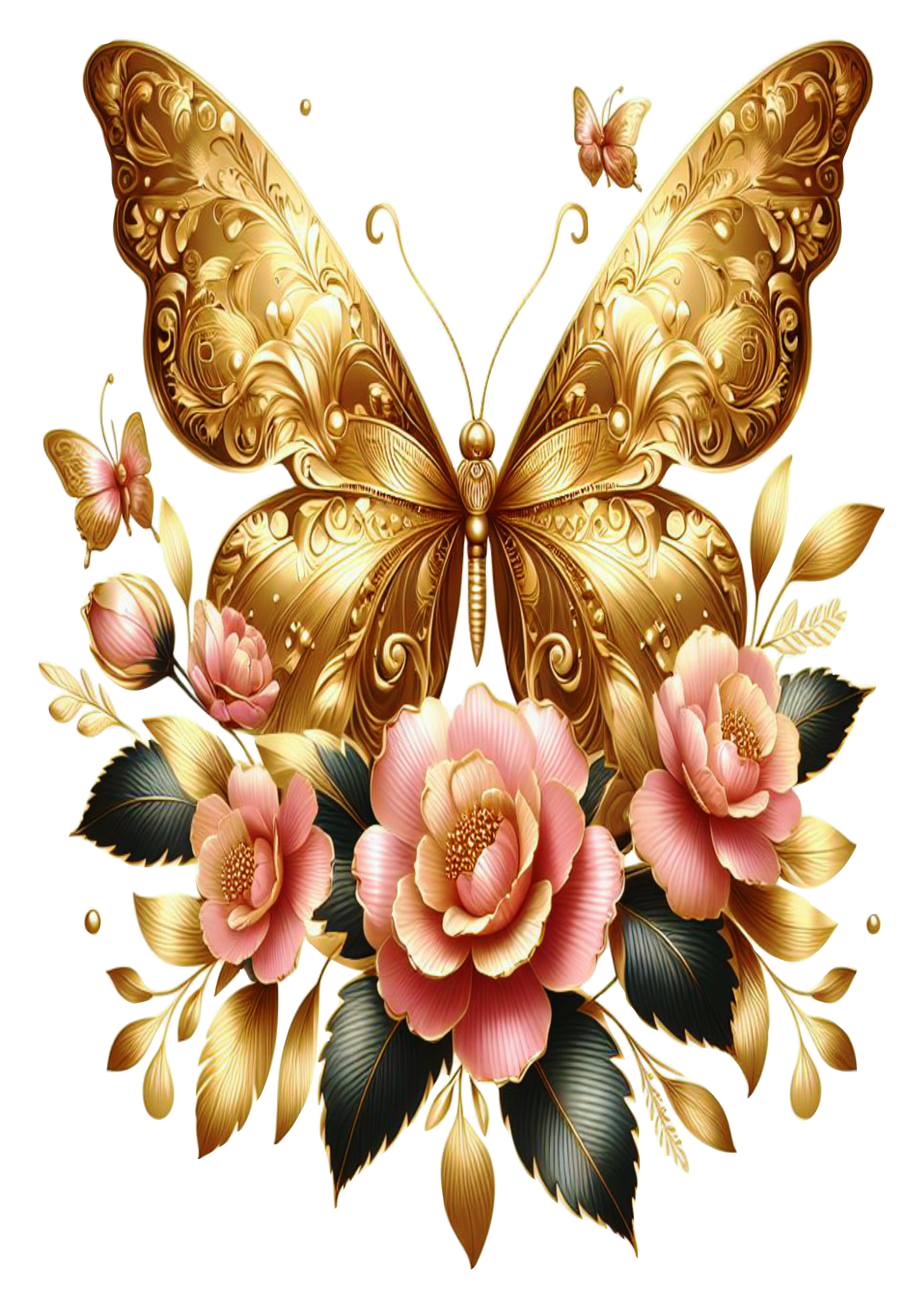 Pack de imagens douradas flores e borboletas fundo transparente png ilustração