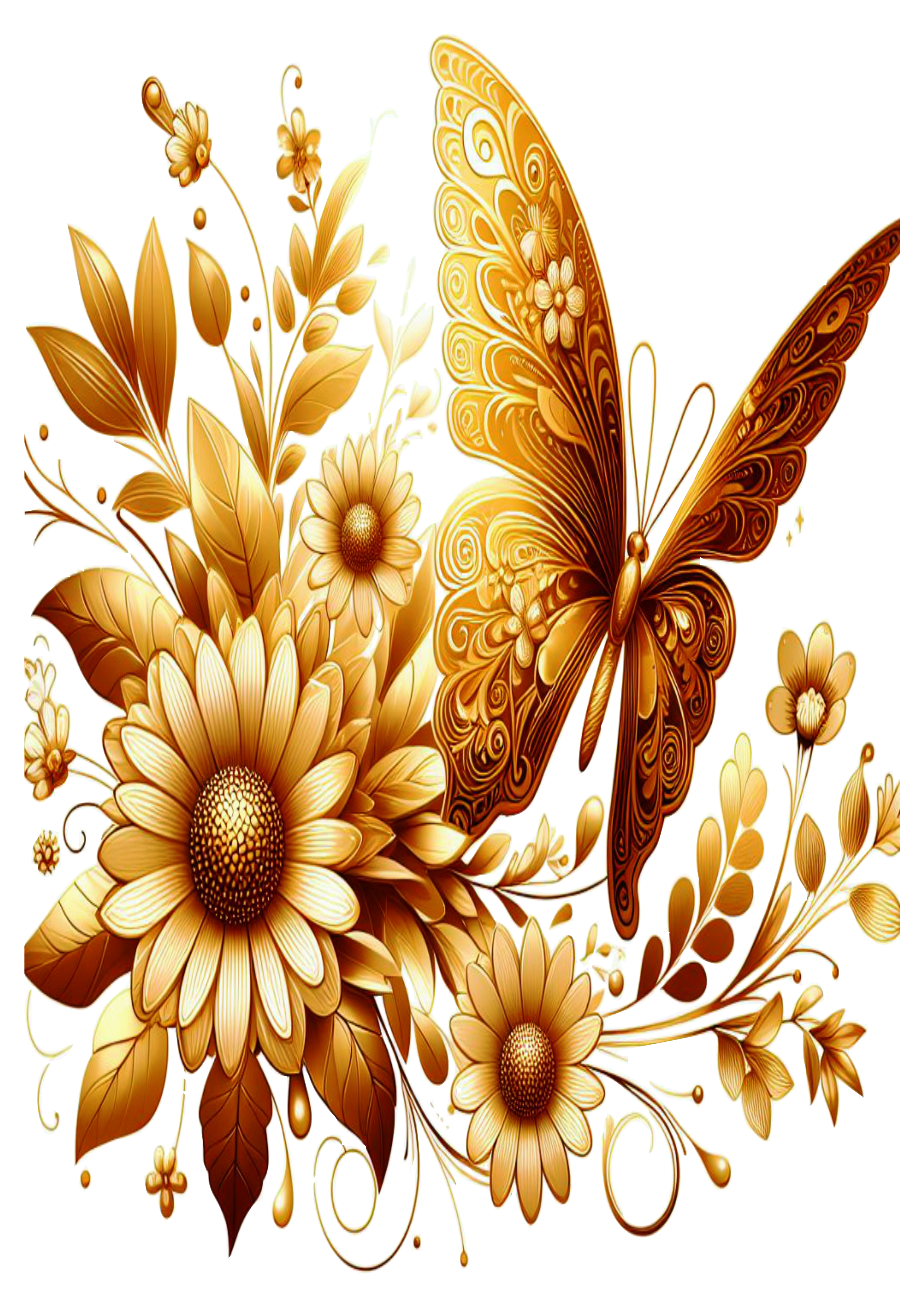 Pack de imagens douradas flores e borboletas fundo transparente png ilustração clipart vetor