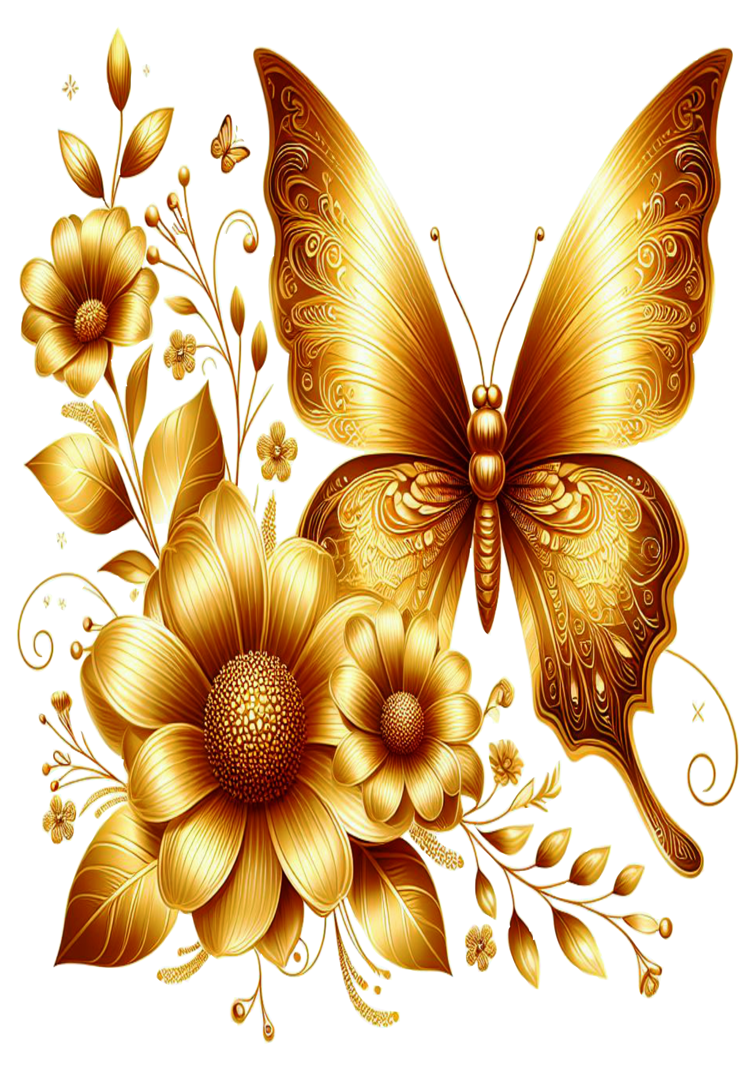 Golden butterfly with flowers png images concept art for printing