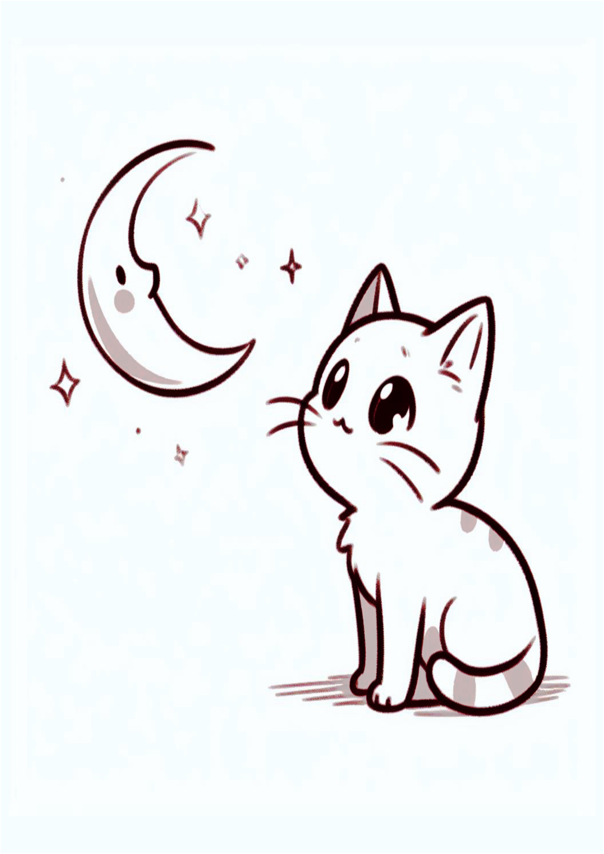 Desenho simples para iniciantes um gatinho olhando pra lua e pra estrelinhas png
