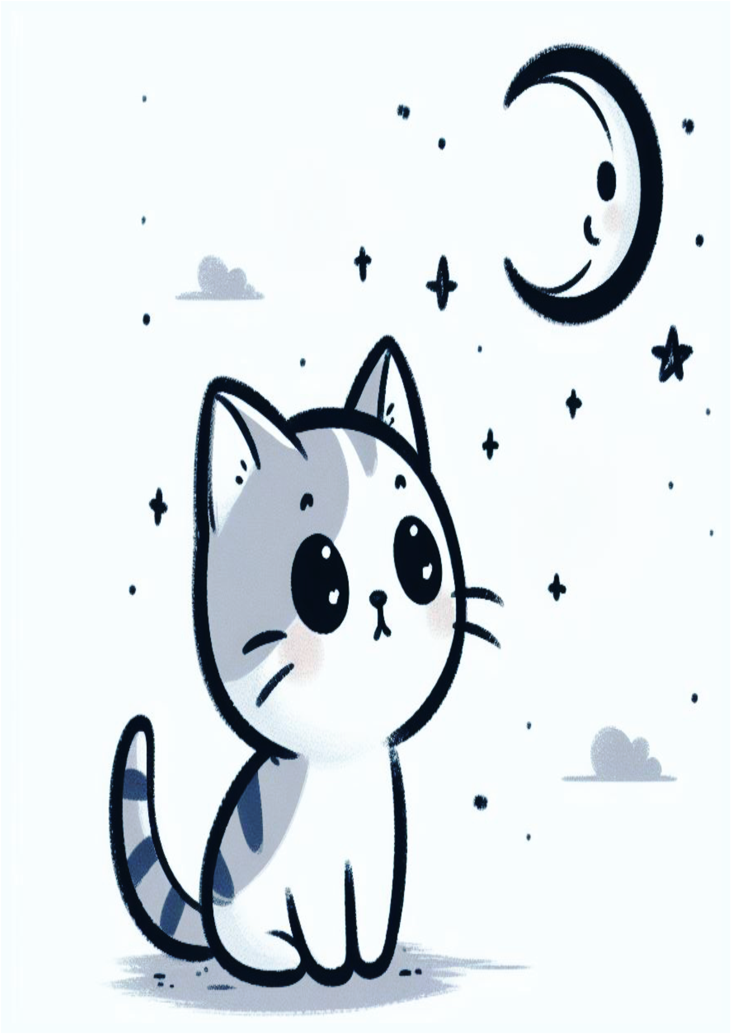 Desenho simples para iniciantes um gatinho olhando pra lua e pra estrelinhas rabisco png