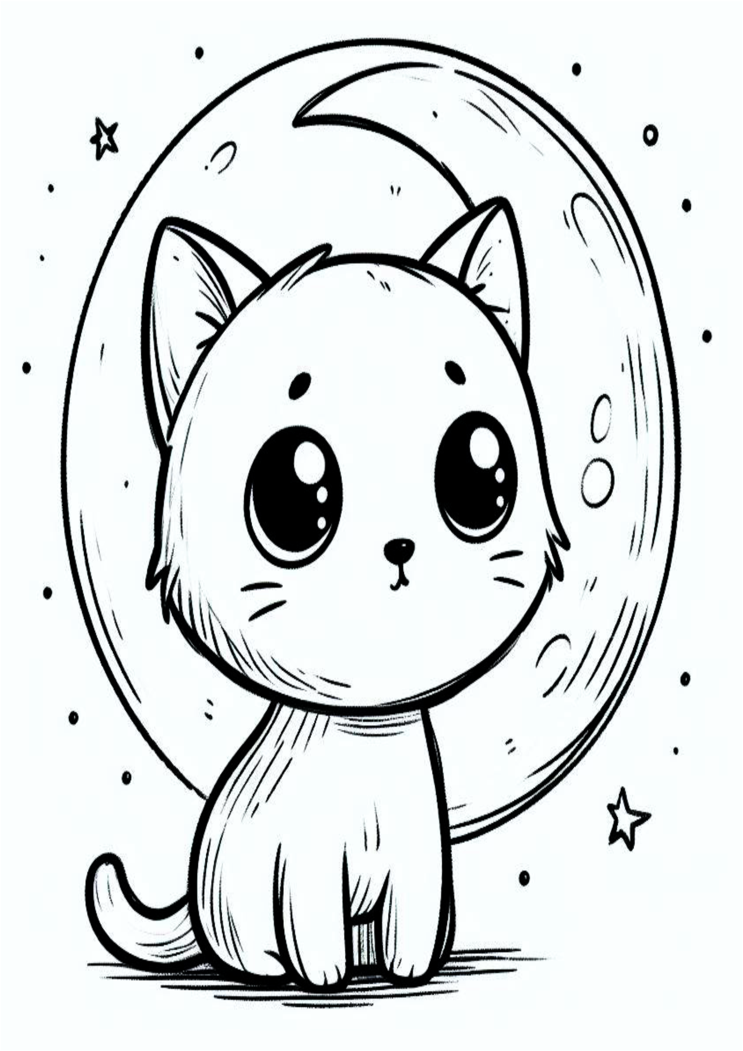 Desenho simples para iniciantes um gatinho olhando pra lua e pra estrelinhas rabisco infantil png