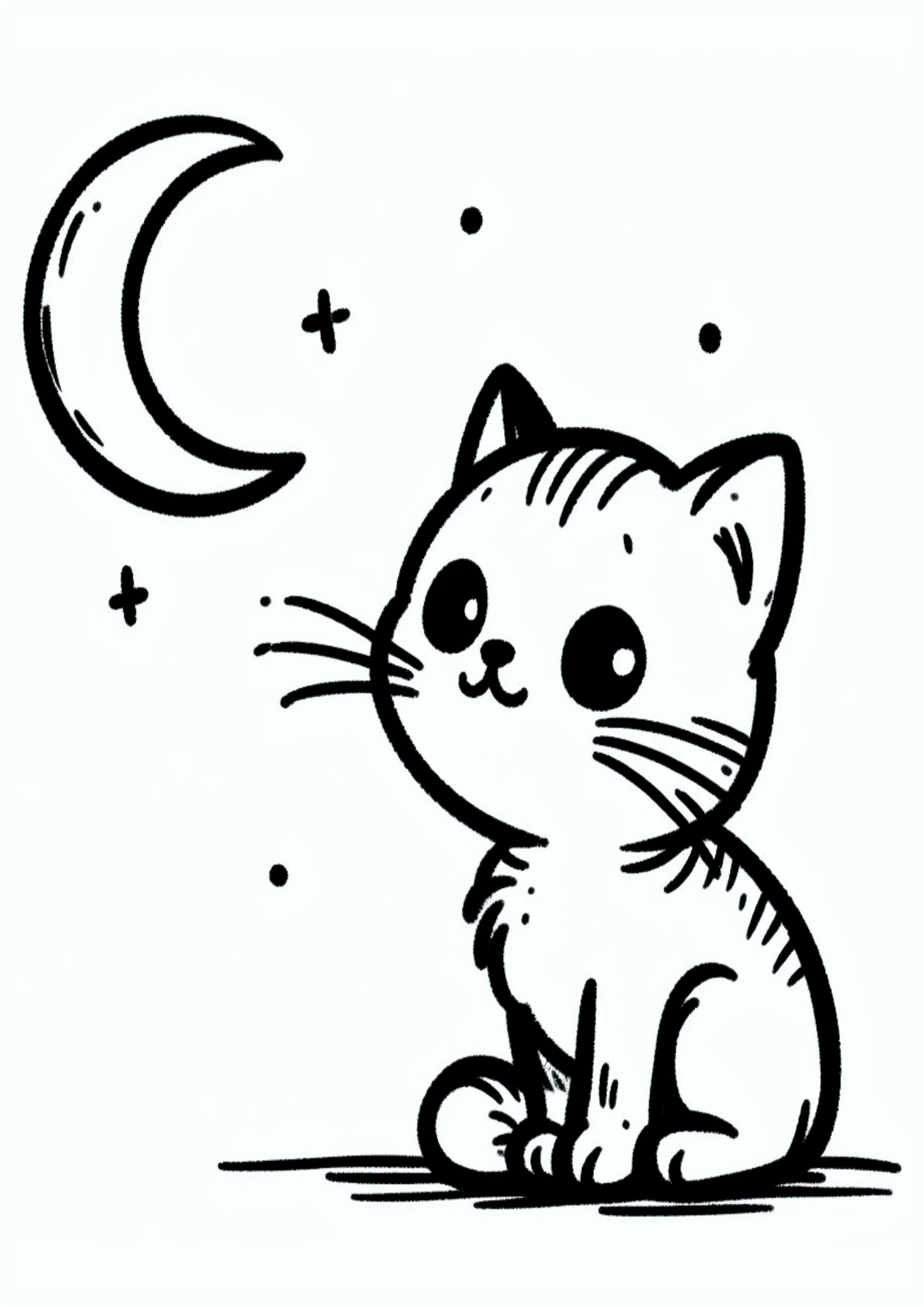 Desenho simples para iniciantes um gatinho olhando pra lua e pra estrelinhas rabisco infantil para colorir png