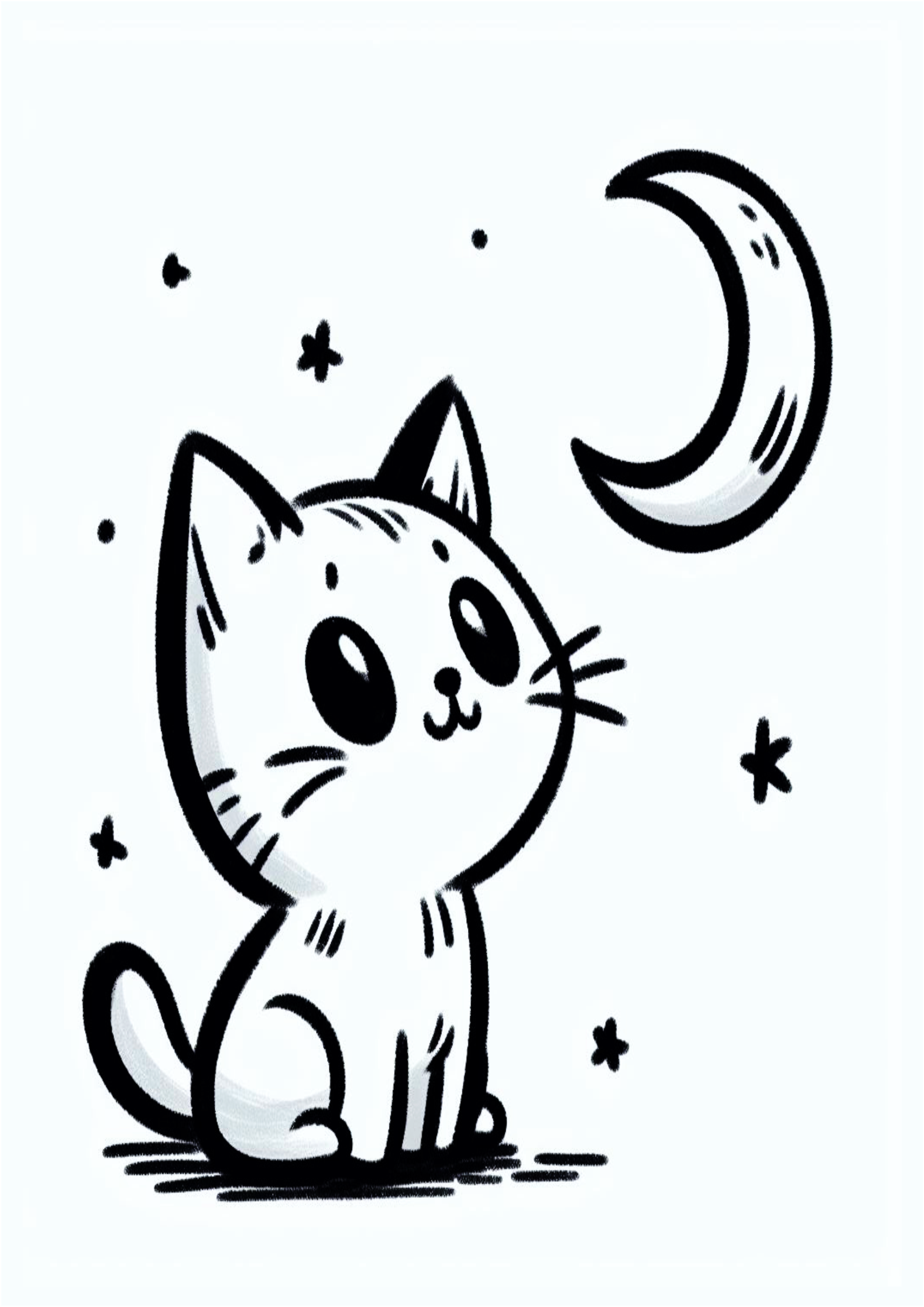 Desenho simples para iniciantes um gatinho olhando pra lua e pra estrelinhas rabisco infantil para colorir grátis png