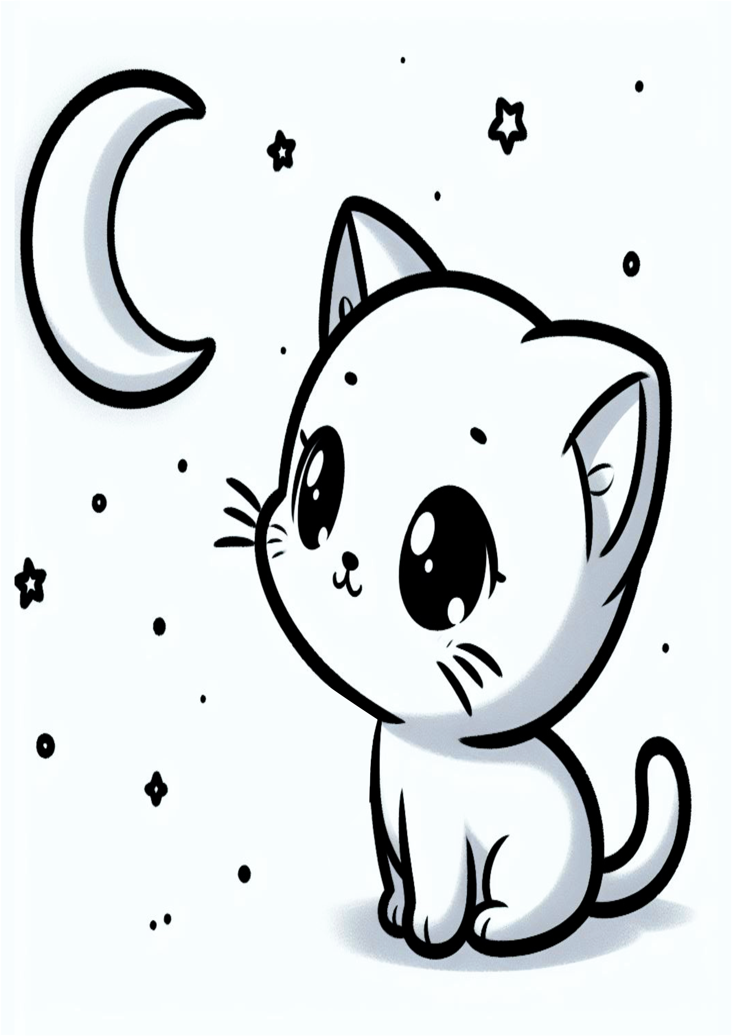 Desenho simples para iniciantes um gatinho olhando pra lua e pra estrelinhas rabisco infantil para colorir grátis para imprimir png