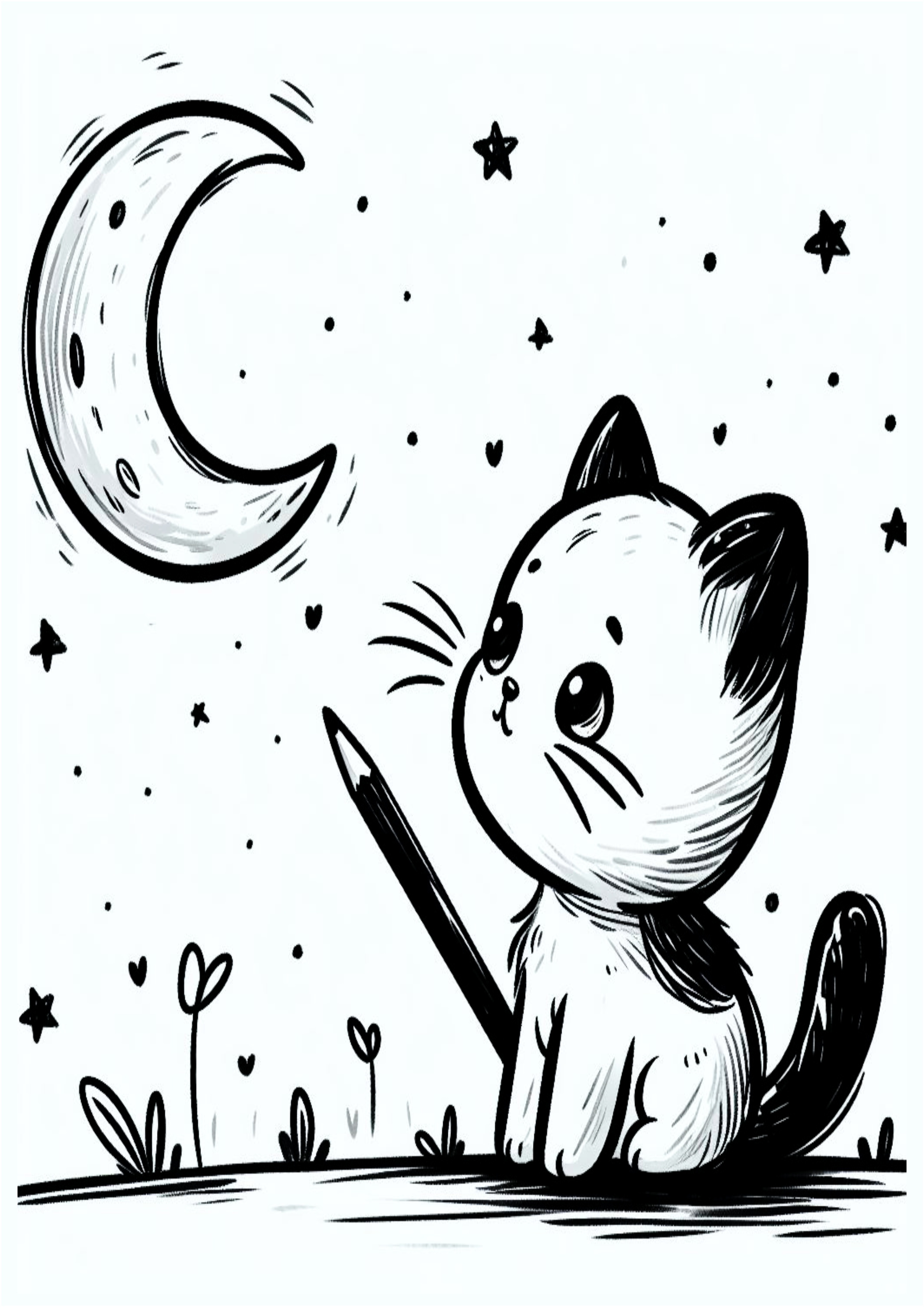Desenho simples para iniciantes um gatinho olhando pra lua e pra estrelinhas rabisco infantil para colorir grátis para imprimir arte png